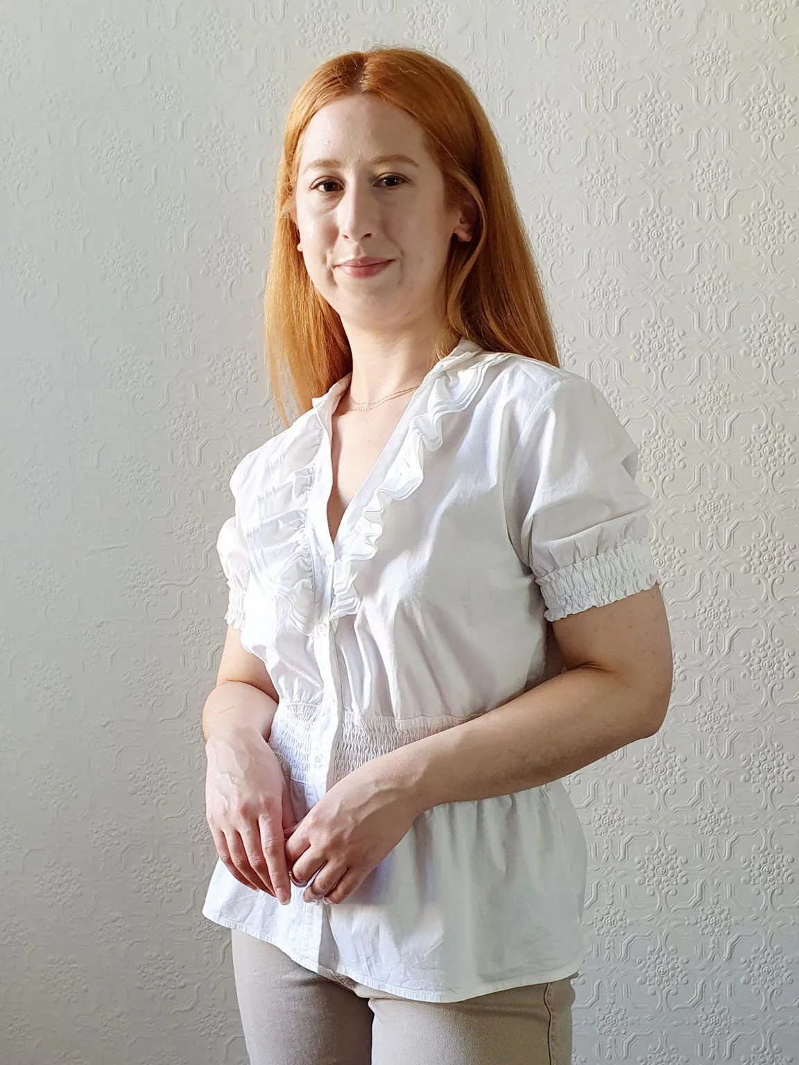 Preloved White Cotton Blouse with Ruffle Collar - M - Image 2