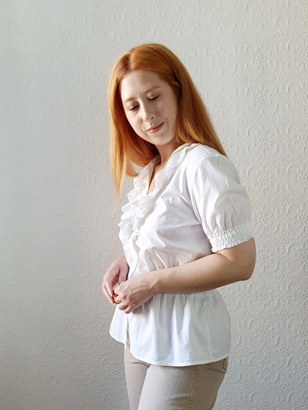 Preloved White Cotton Blouse with Ruffle Collar - M - Image 3