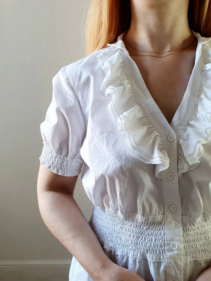 Preloved White Cotton Blouse with Ruffle Collar - M - Image 5