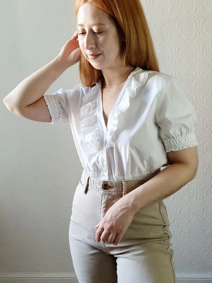 Preloved White Cotton Blouse with Ruffle Collar - M - Image 8