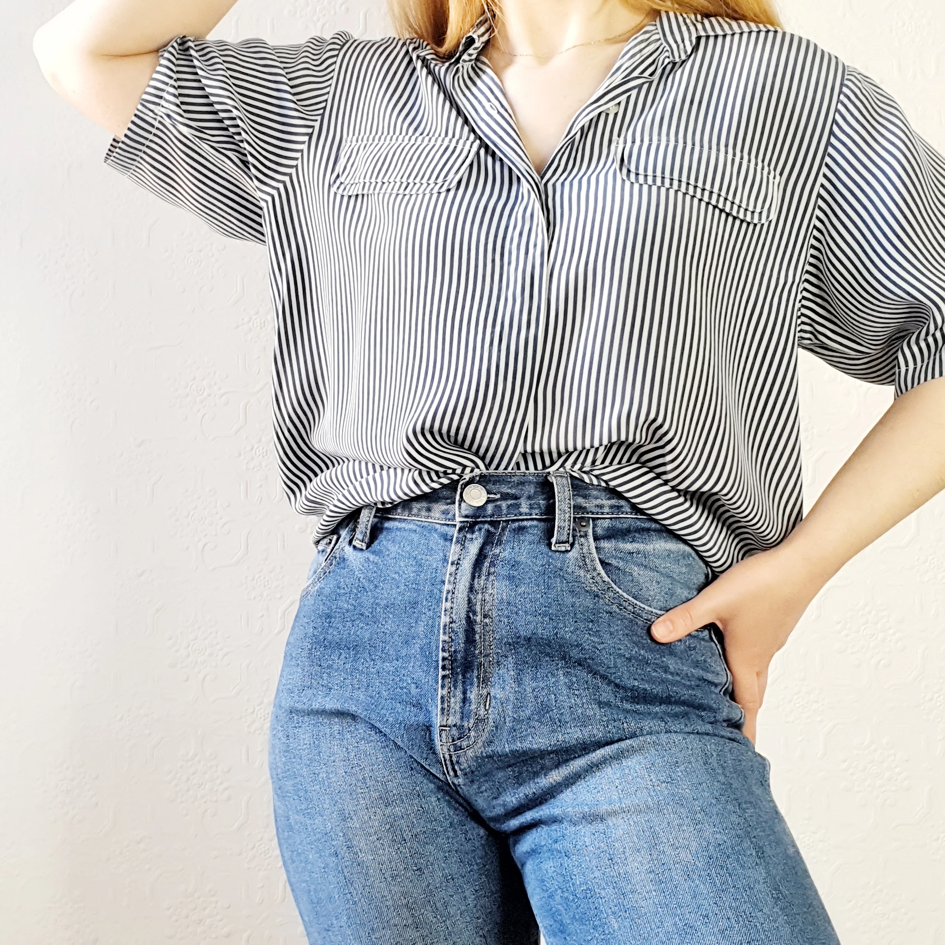 Pure Silk Striped Blouse - L - Image 2