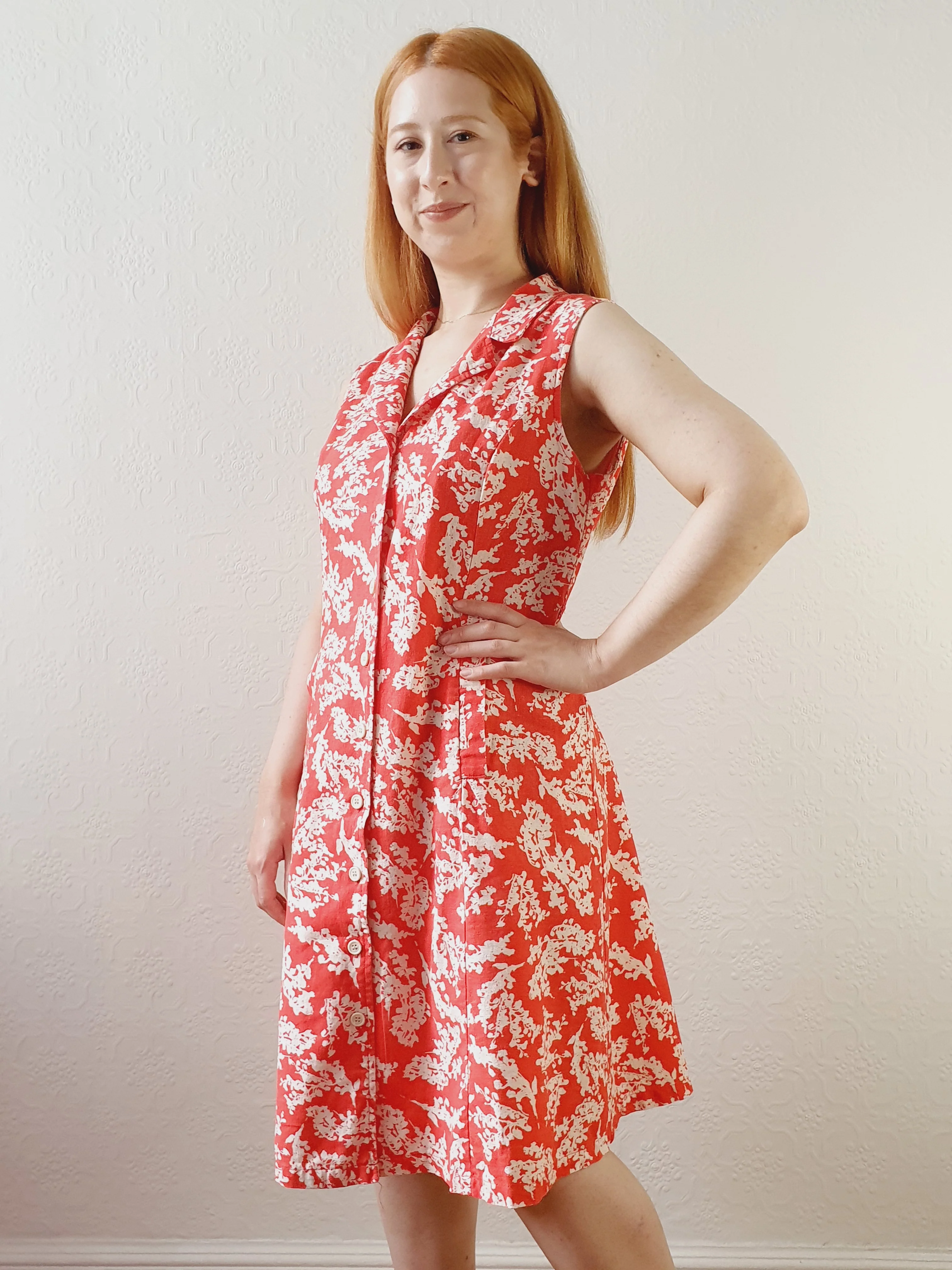 Red & White Floral Linen Dress - M - Image 3