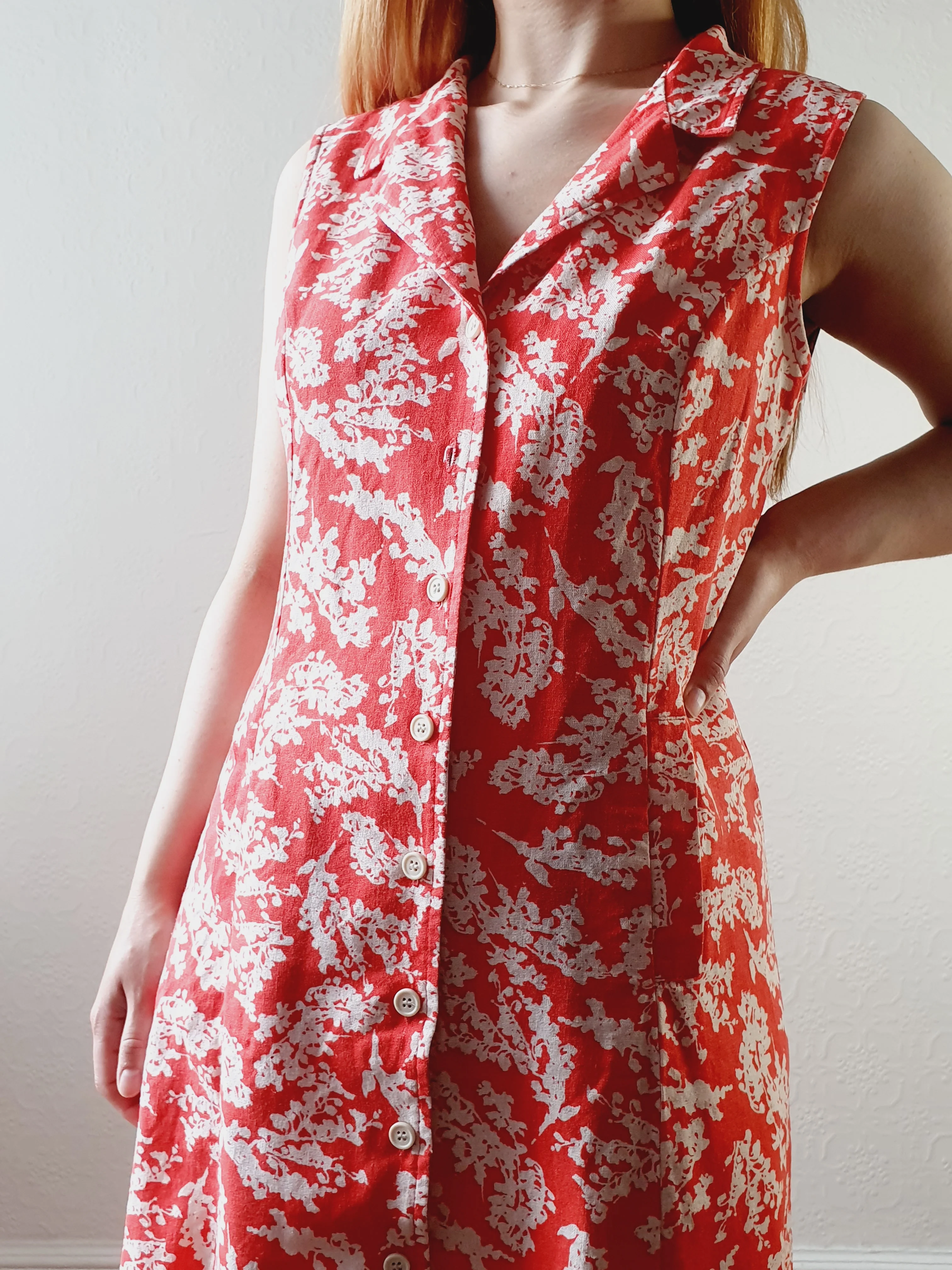 Red & White Floral Linen Dress - M - Image 4