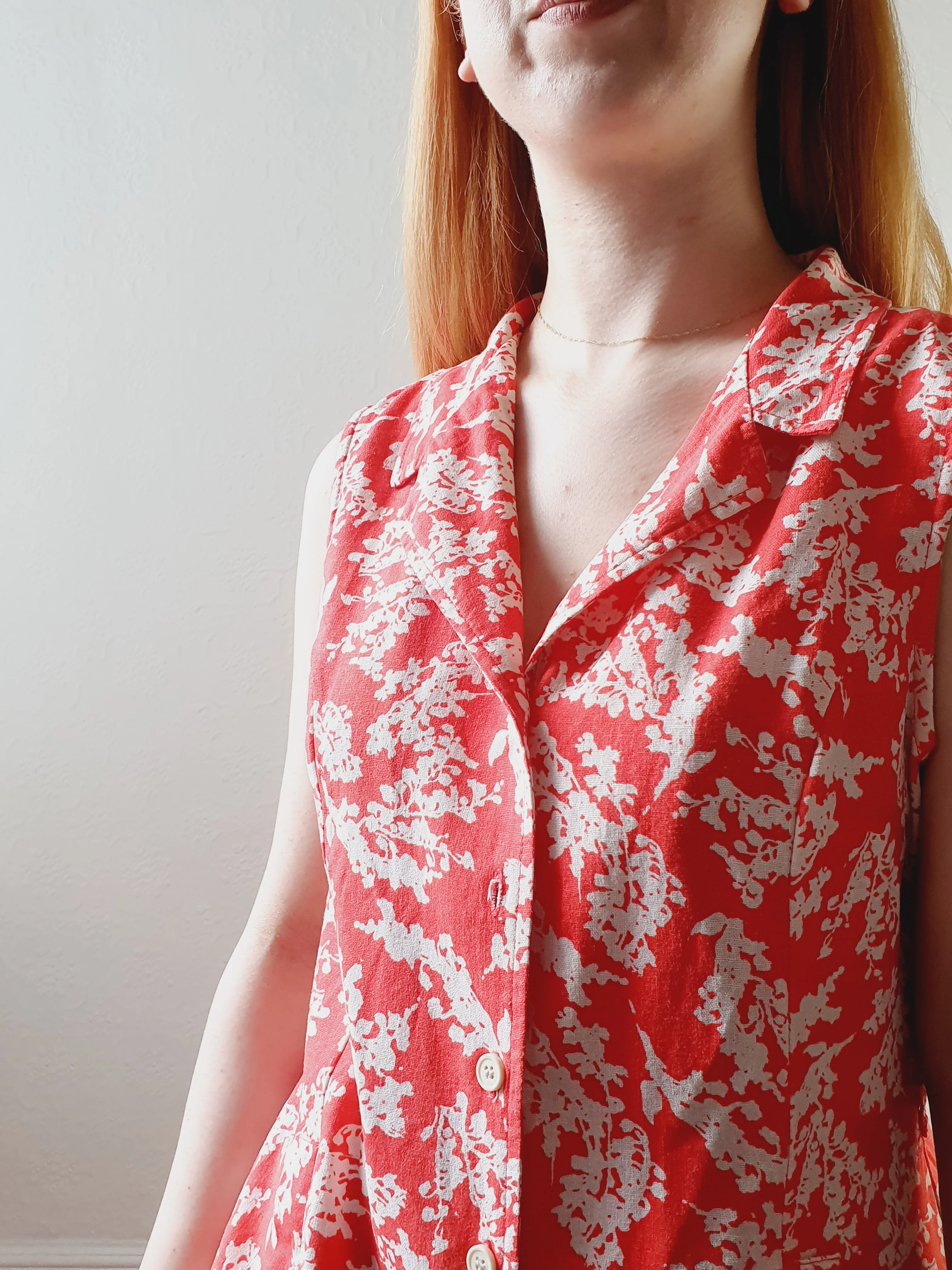 Red & White Floral Linen Dress - M - Image 5
