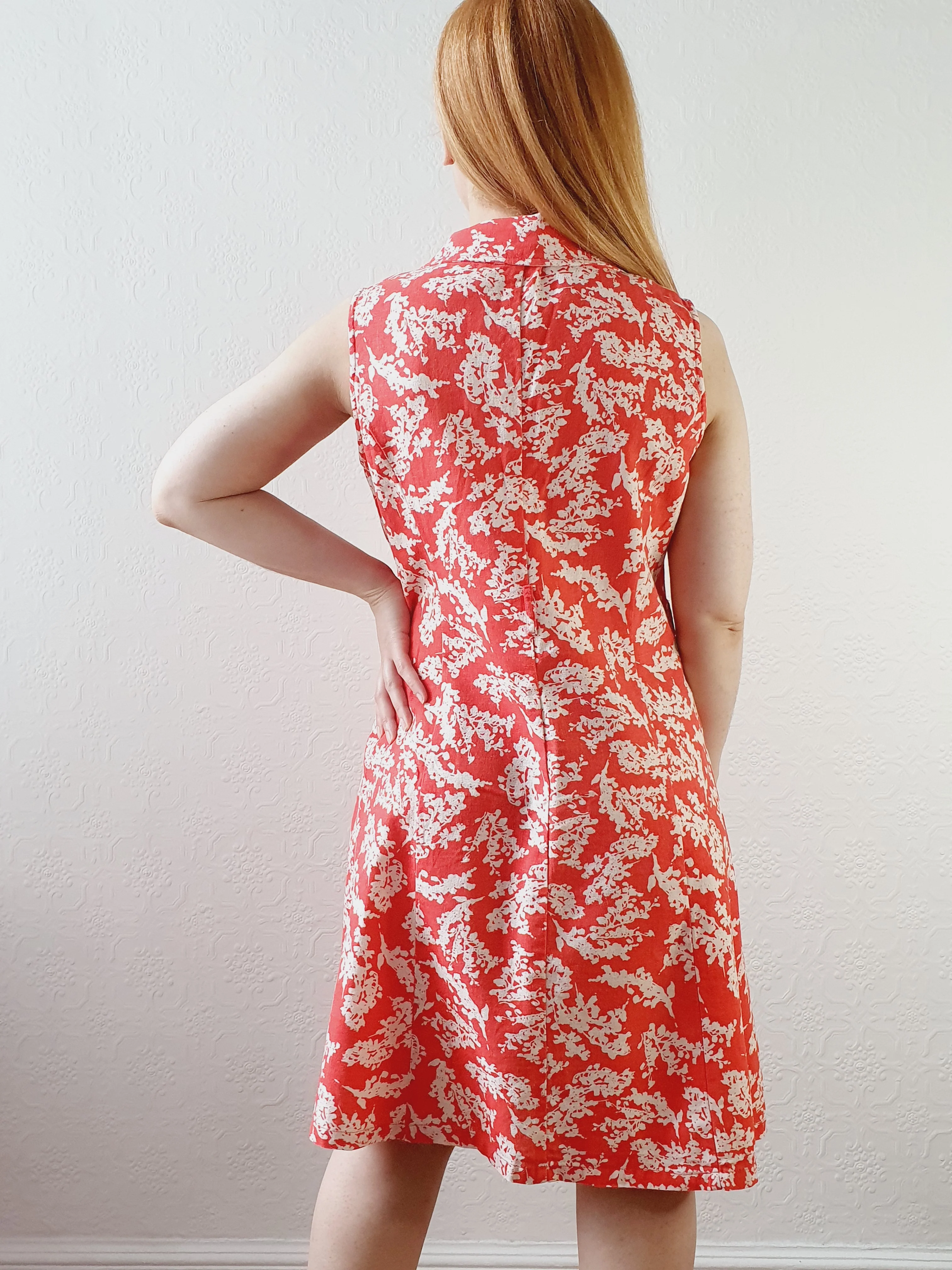 Red & White Floral Linen Dress - M - Image 6