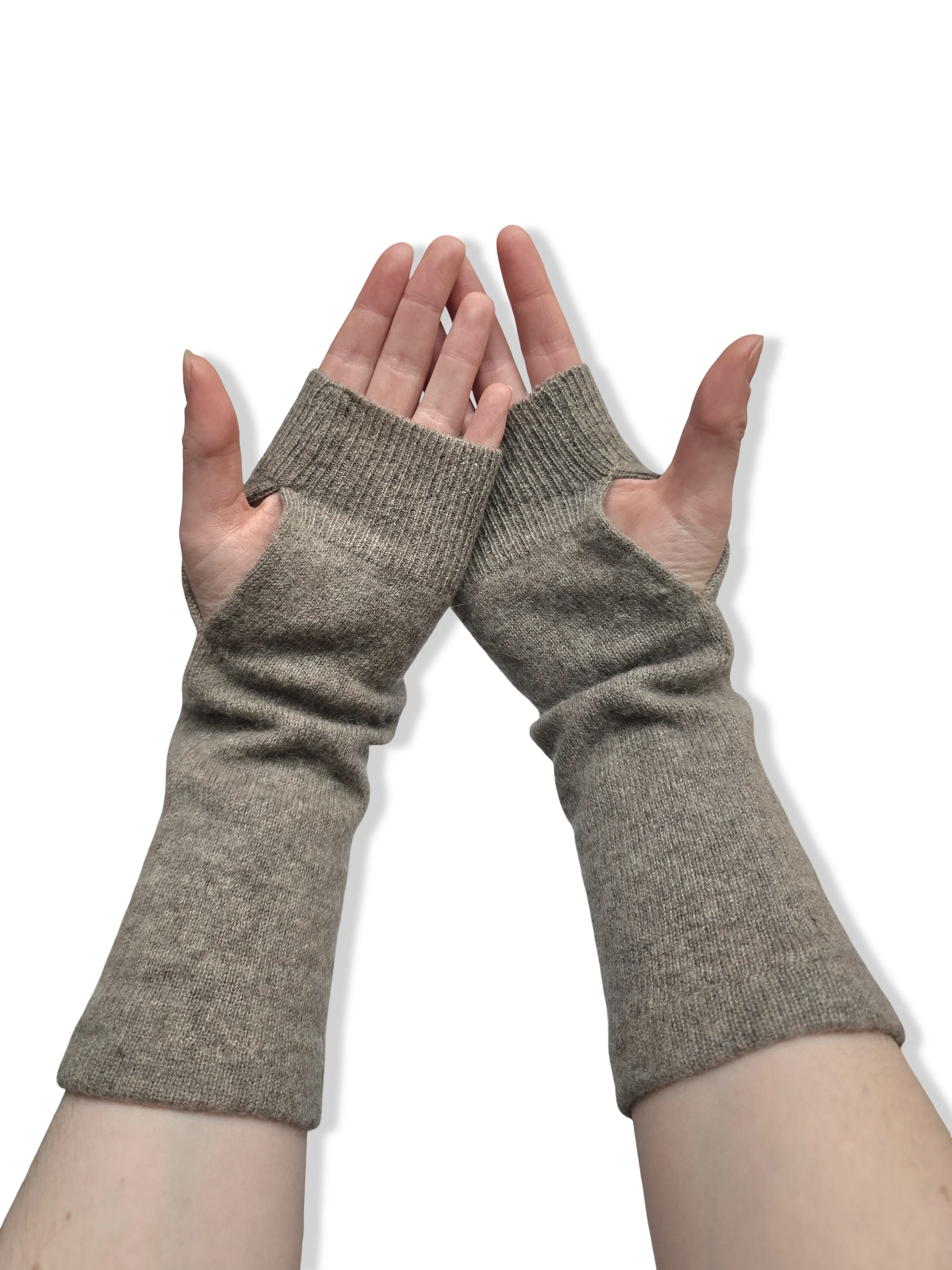 Reworked Cashmere Fingerless Gloves - Dark Beige - Image 2