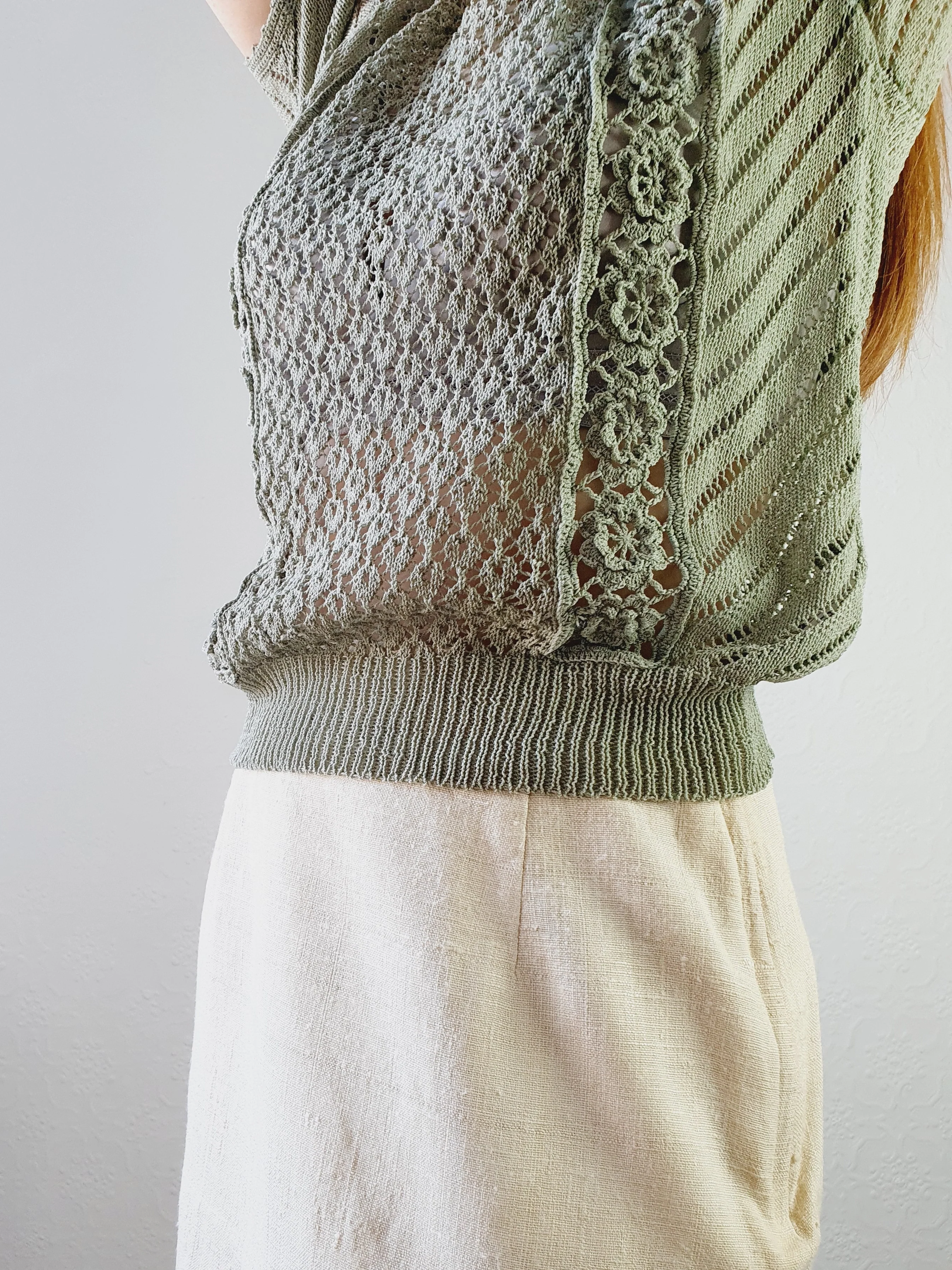 Sage Green Crochet Knit Top - S - Image 3