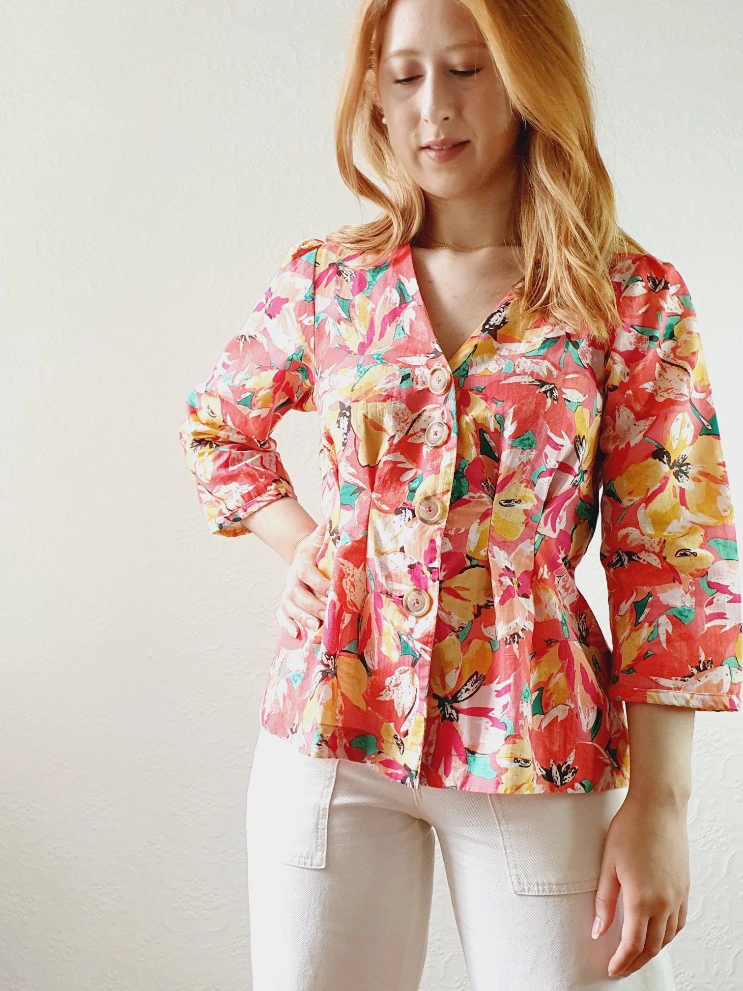 V-Neck Pink Floral Linen Blouse - S - Image 2