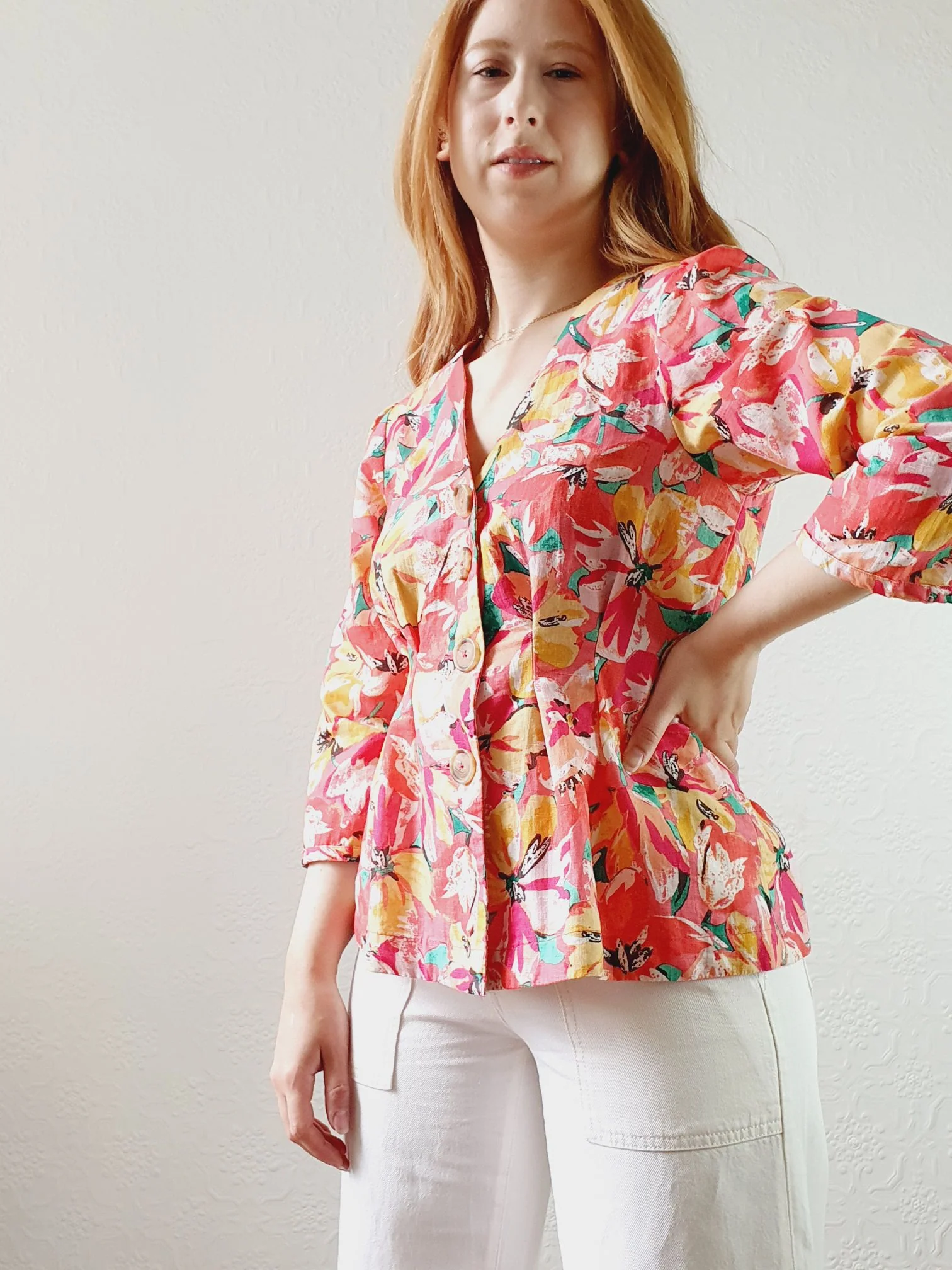 V-Neck Pink Floral Linen Blouse - S - Image 3