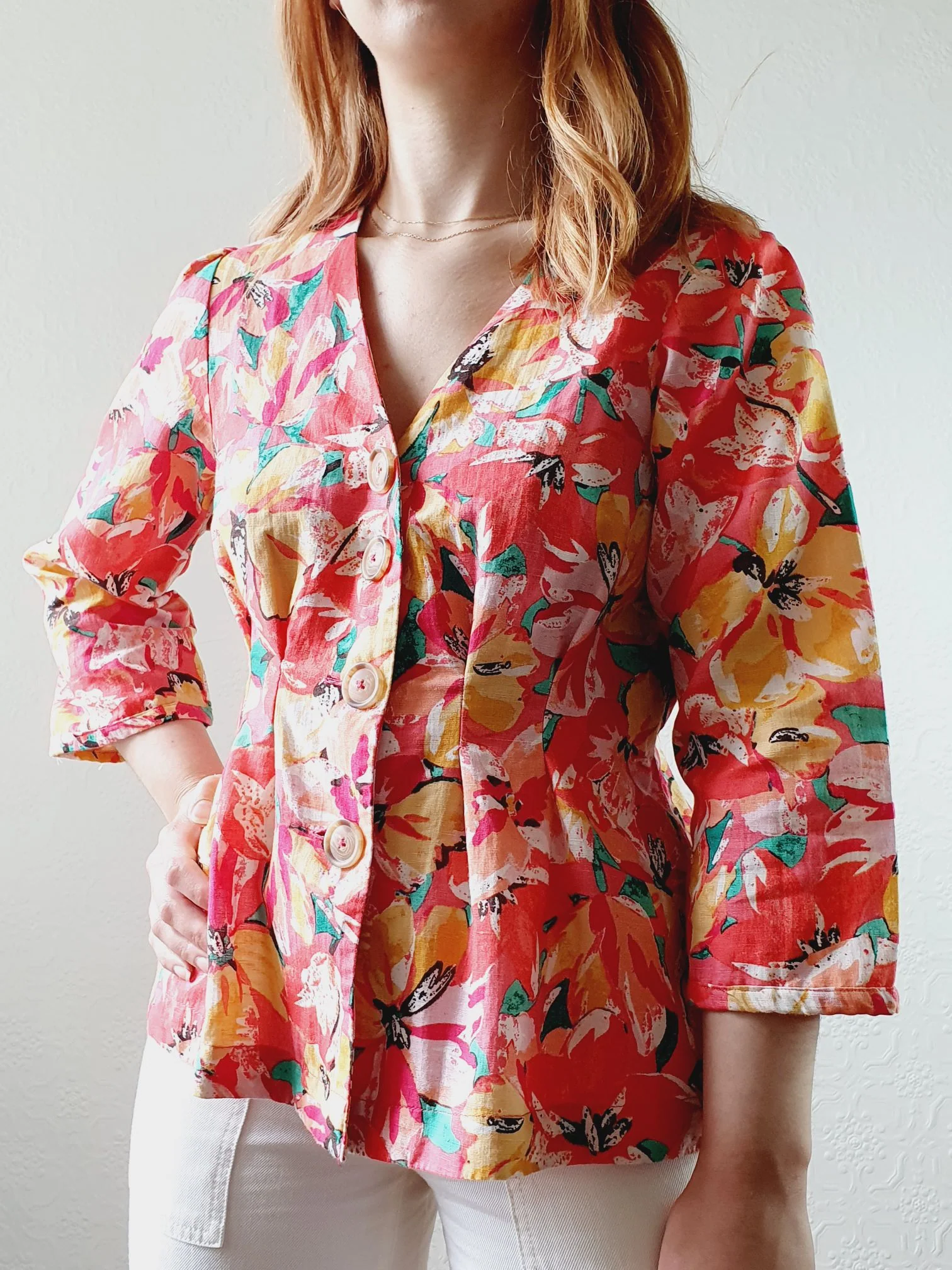 V-Neck Pink Floral Linen Blouse - S - Image 4