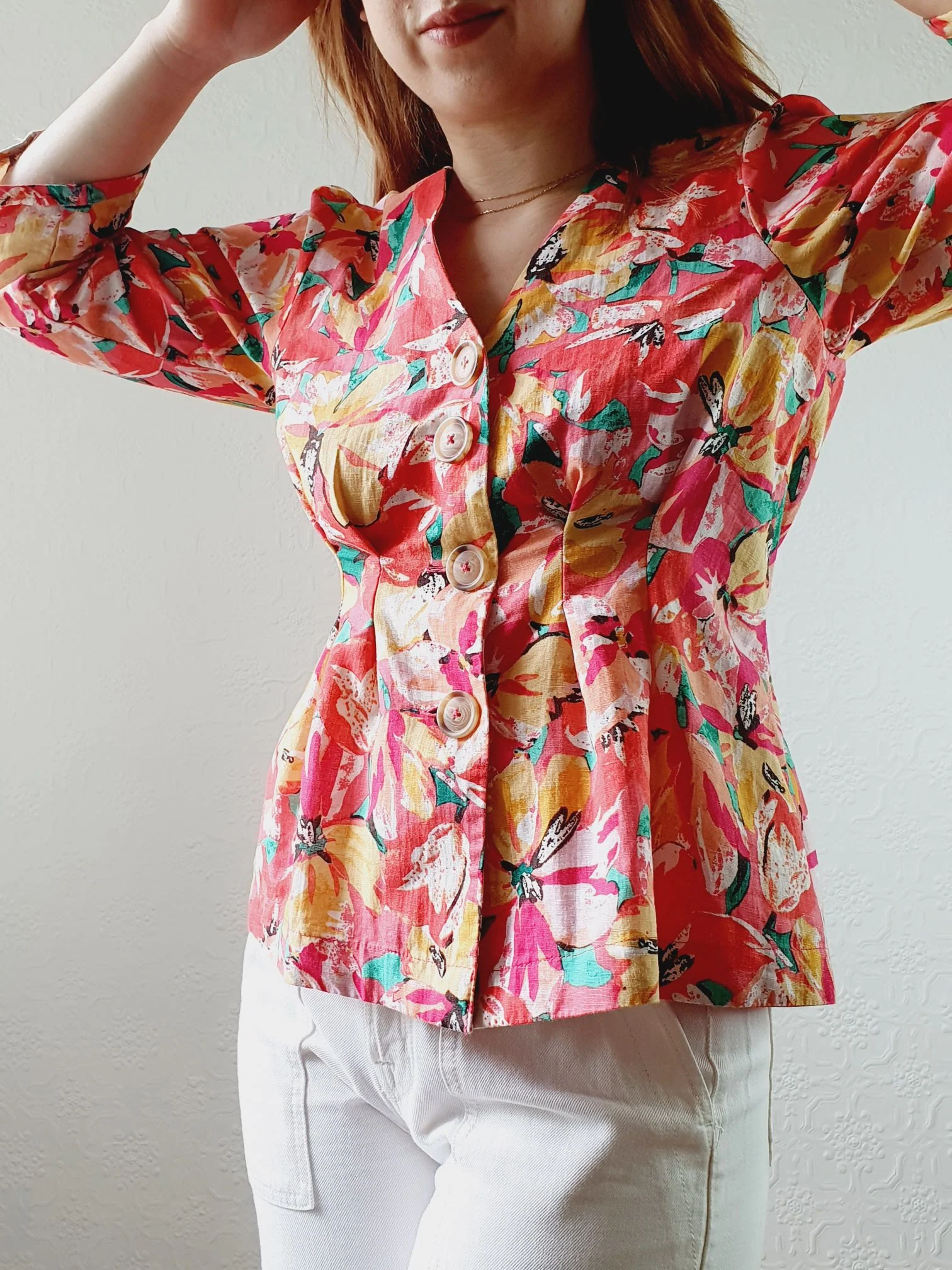 V-Neck Pink Floral Linen Blouse - S - Image 7