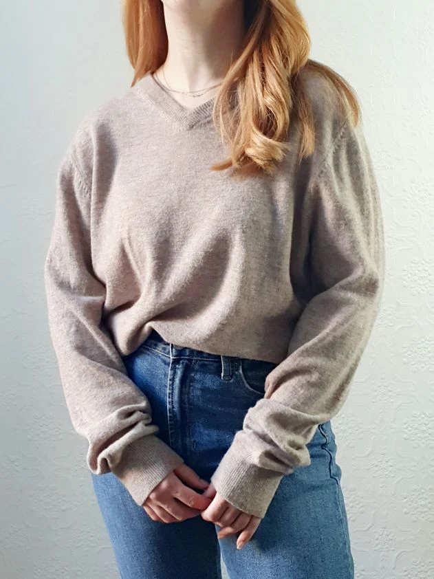 V Neck Taupe Wool Jumper - L