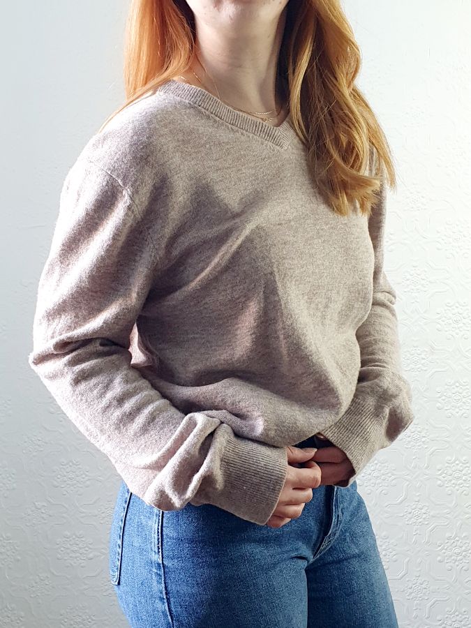 V Neck Taupe Wool Jumper - L - Image 2
