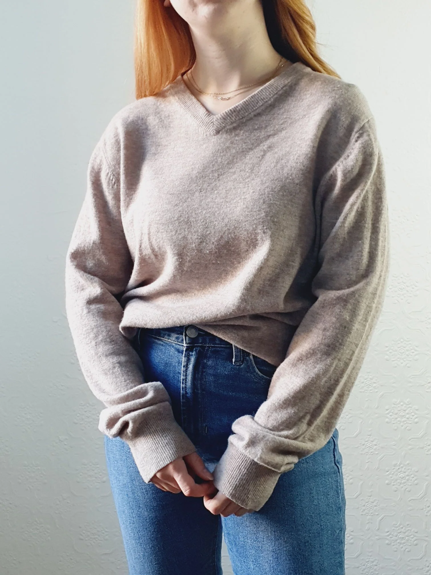V Neck Taupe Wool Jumper - L - Image 3