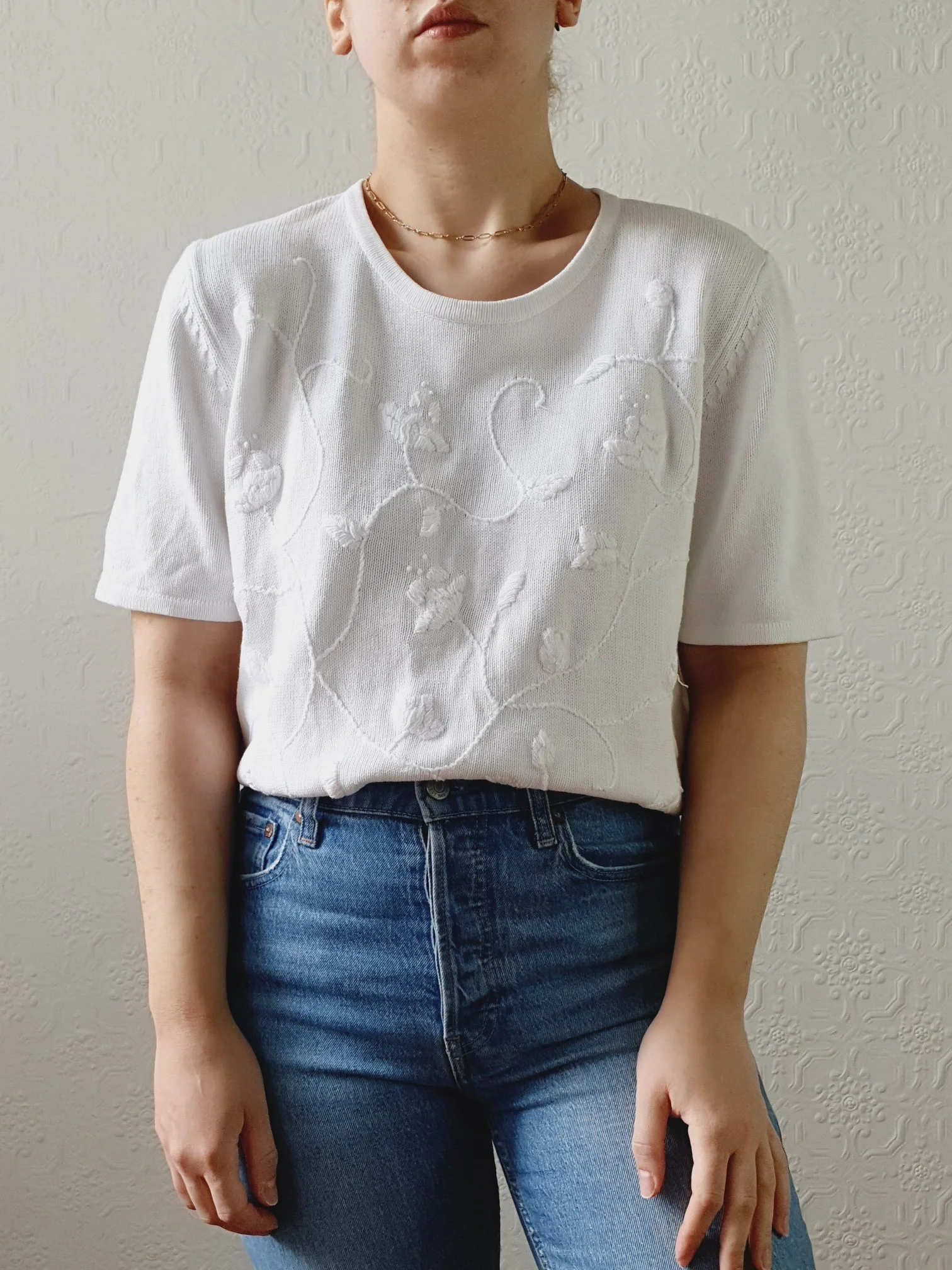 Vintage 100% Cotton White Knitted Top with Embroidery Detail - M