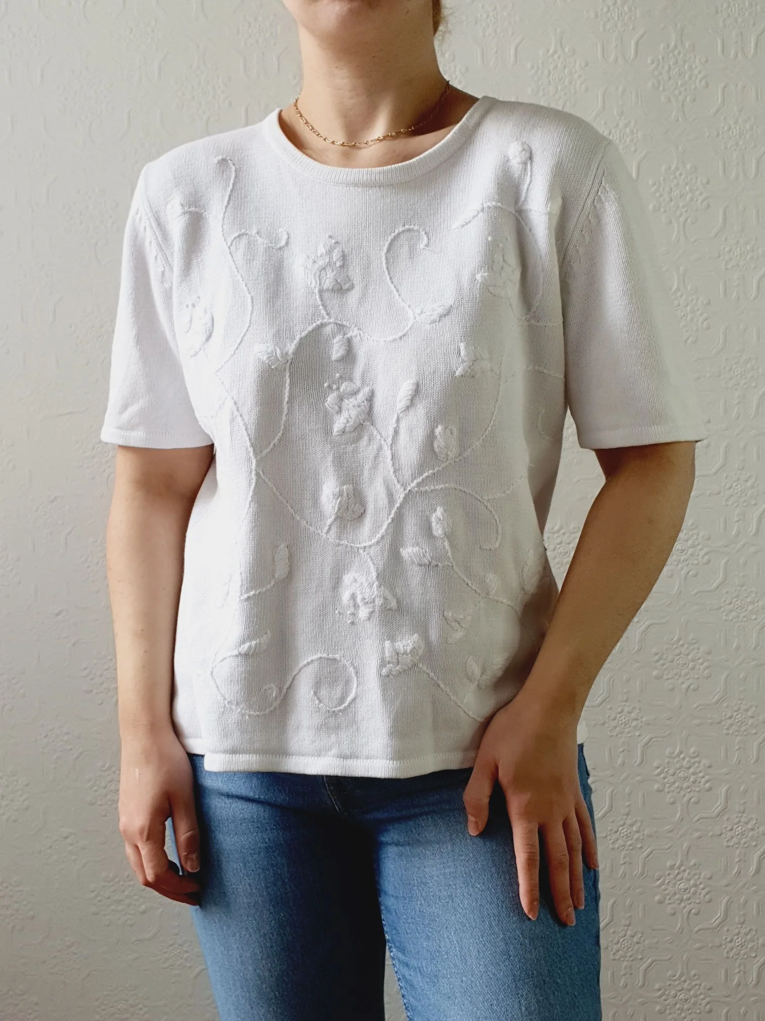 Vintage 100% Cotton White Knitted Top with Embroidery Detail - M - Image 2