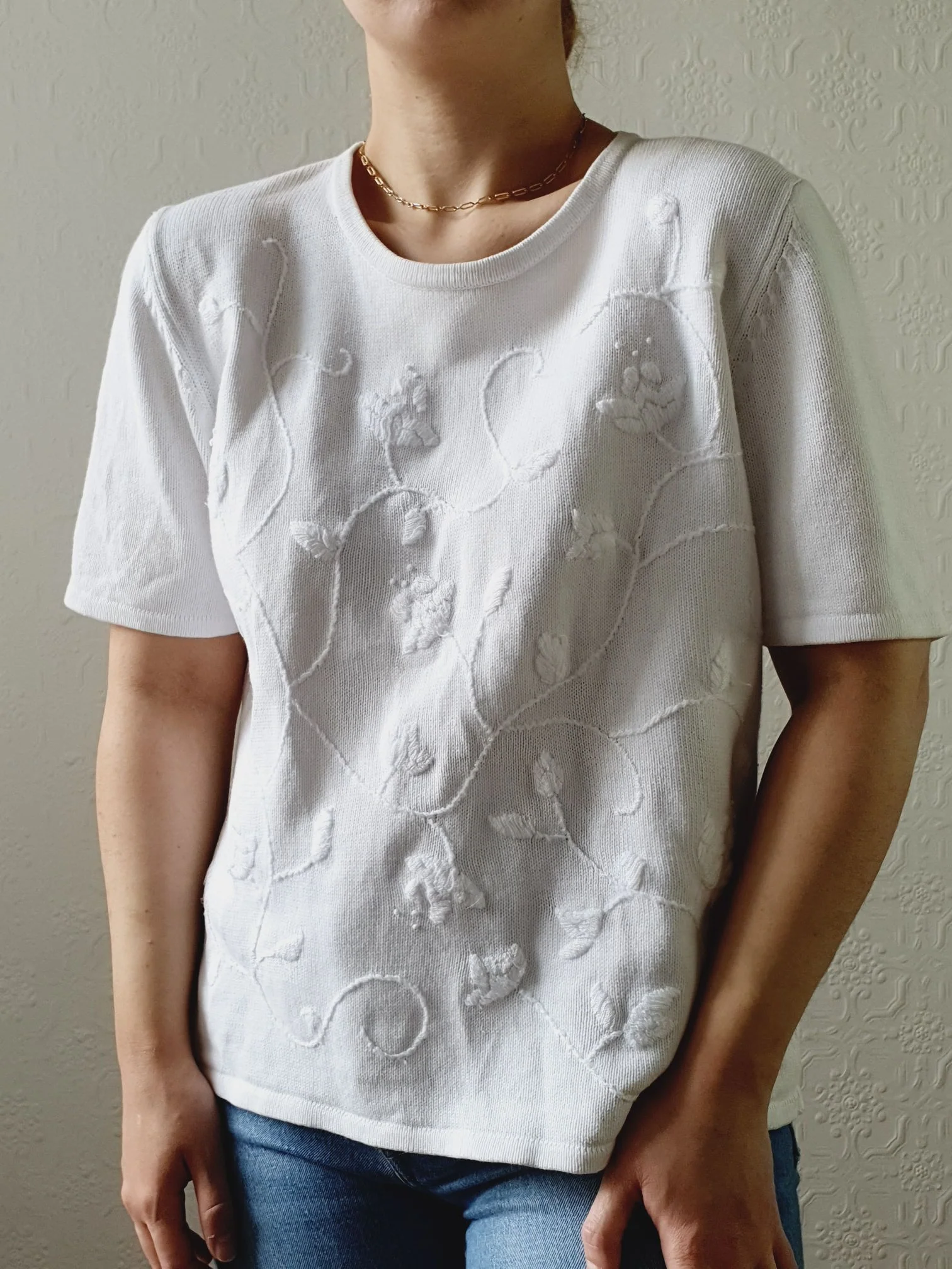 Vintage 100% Cotton White Knitted Top with Embroidery Detail - M - Image 3