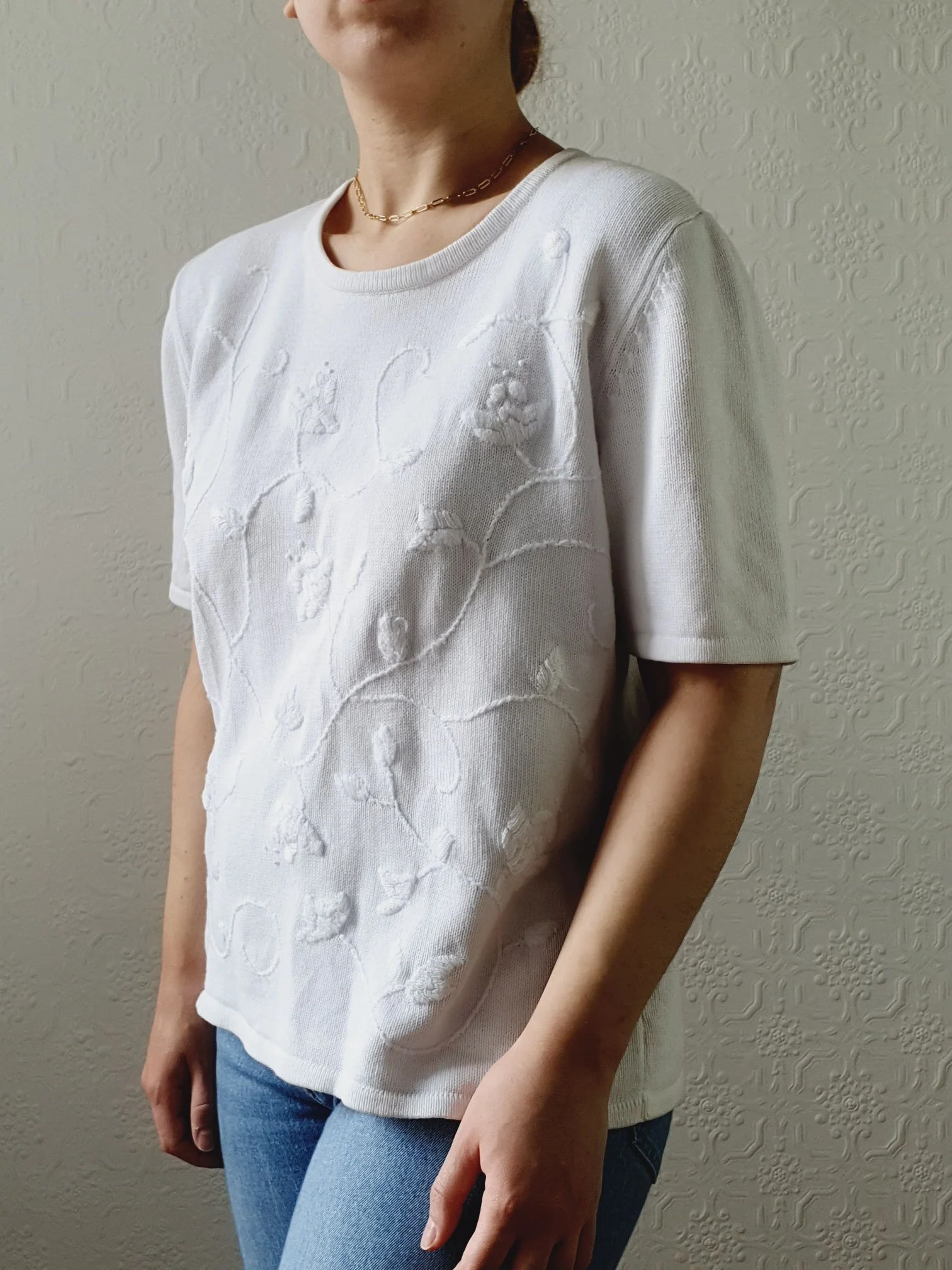 Vintage 100% Cotton White Knitted Top with Embroidery Detail - M - Image 4