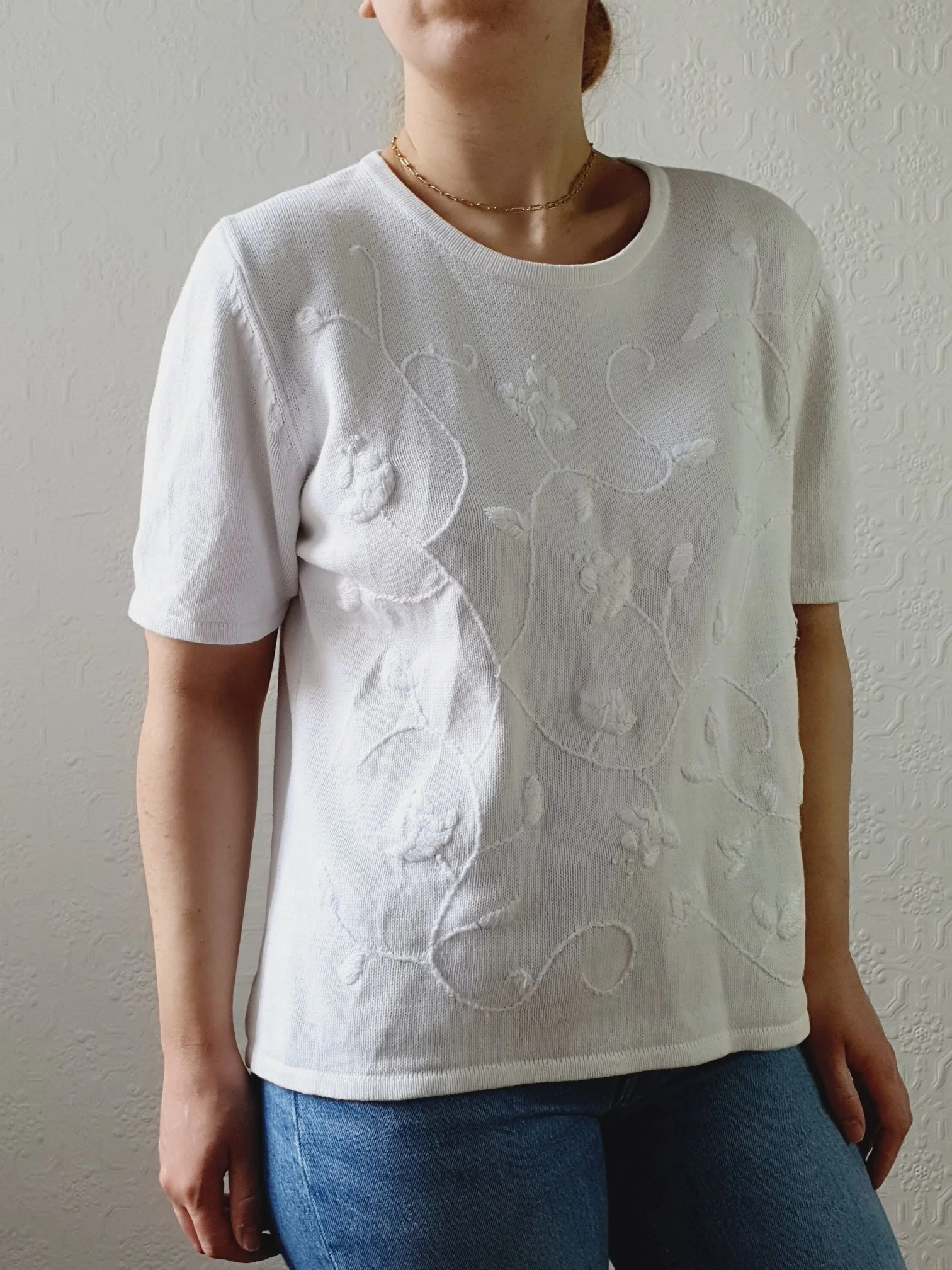 Vintage 100% Cotton White Knitted Top with Embroidery Detail - M - Image 5