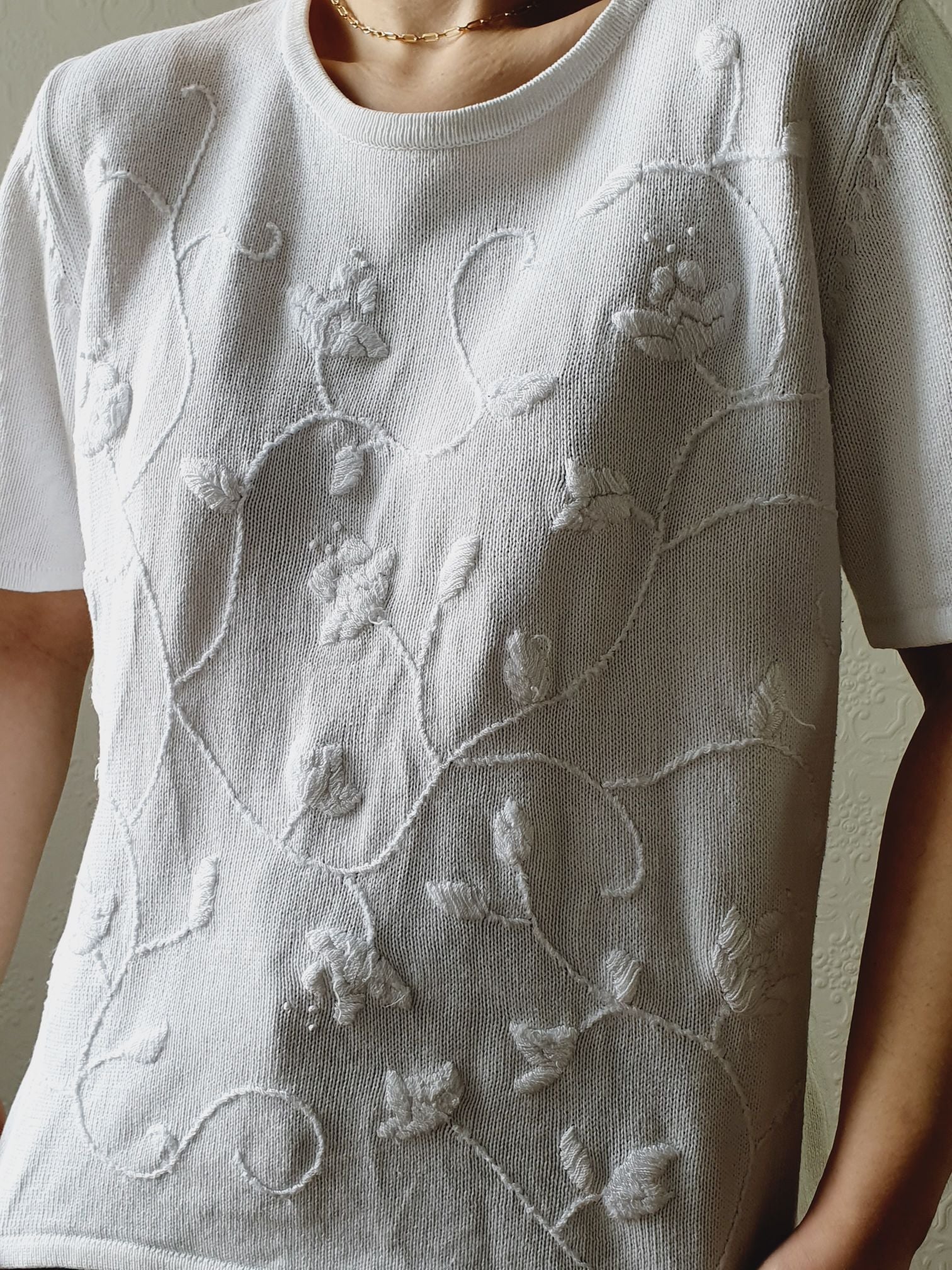 Vintage 100% Cotton White Knitted Top with Embroidery Detail - M - Image 7