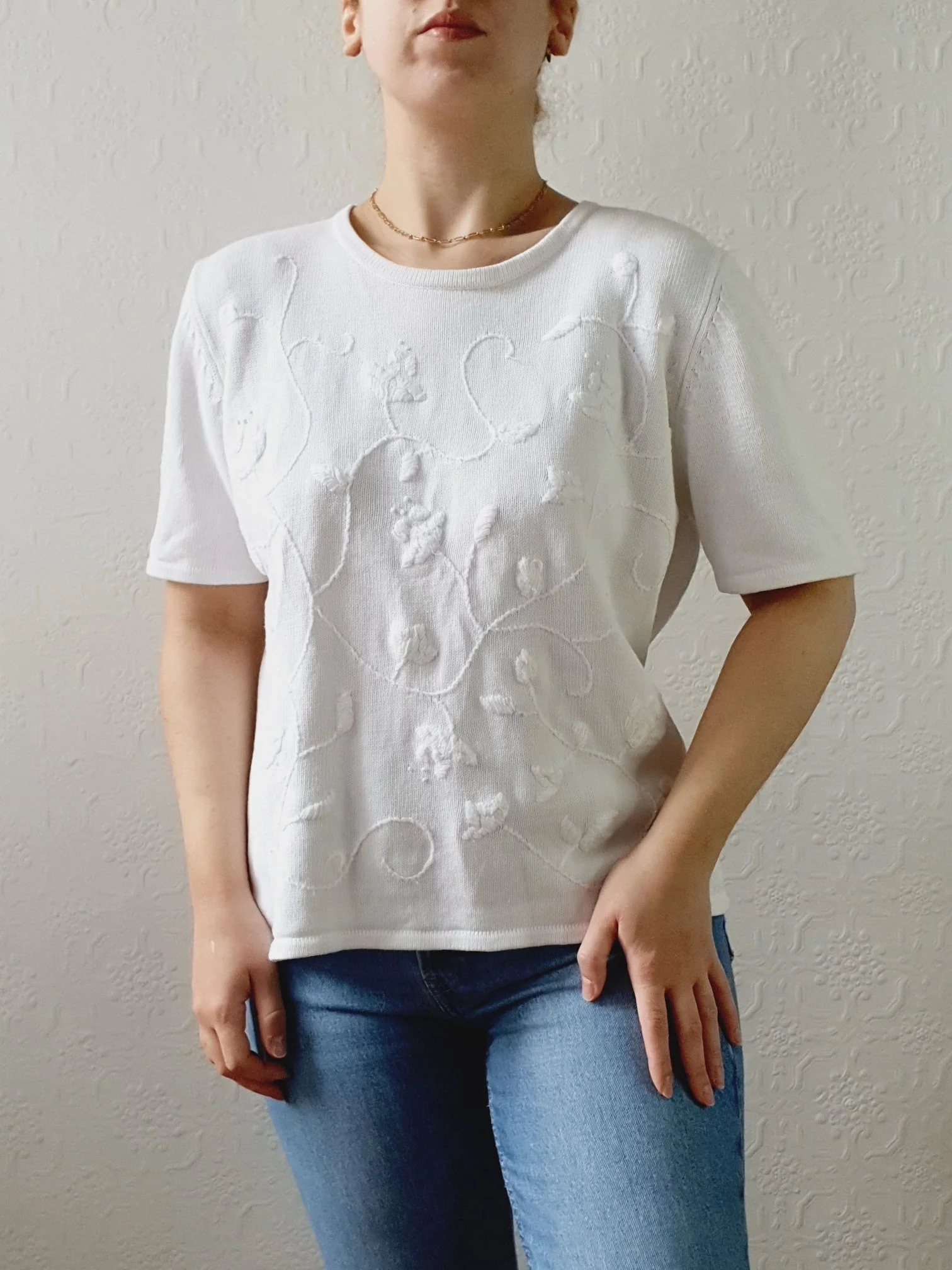 Vintage 100% Cotton White Knitted Top with Embroidery Detail - M - Image 8