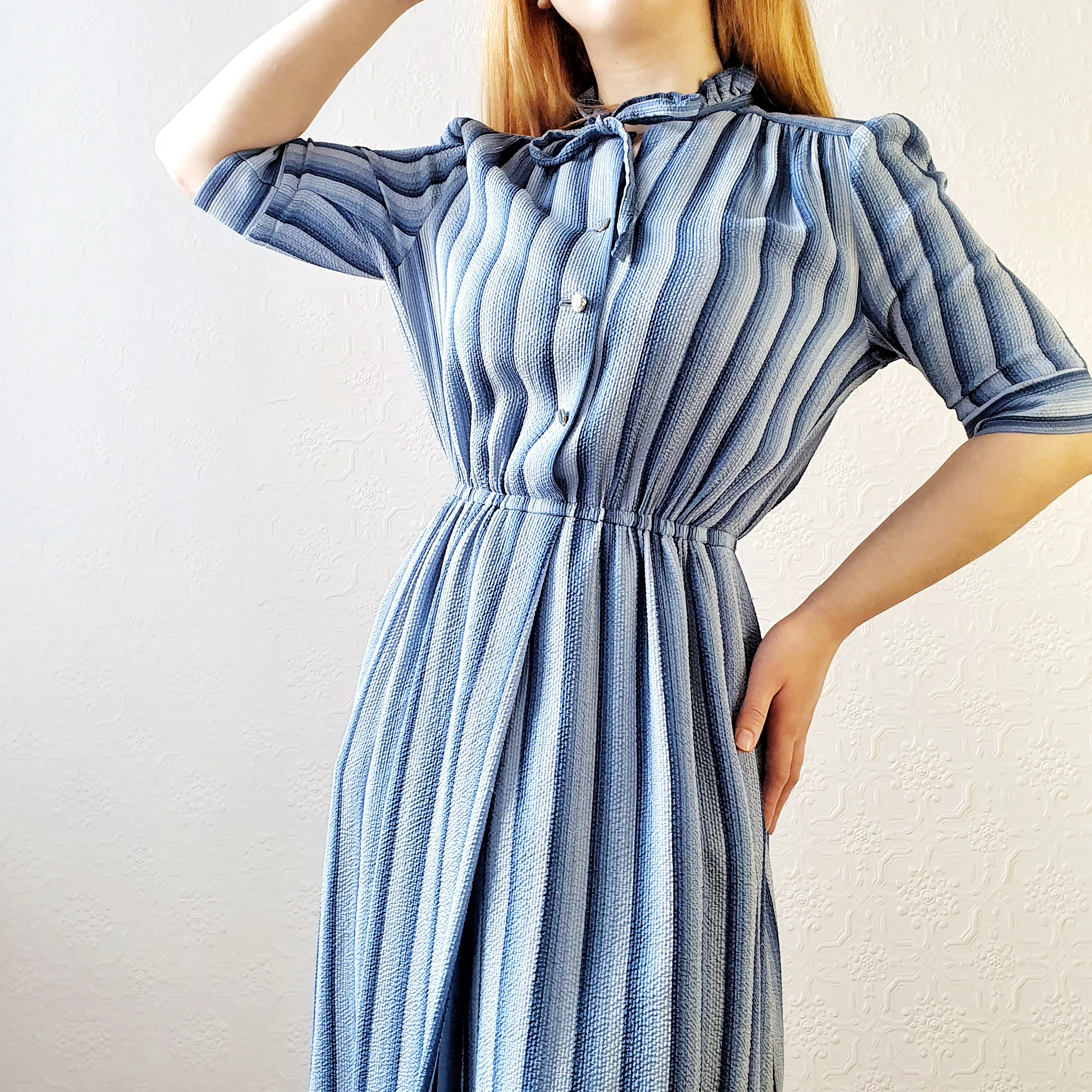 Vintage 100% Silk Blue Striped Dress - M - Image 2