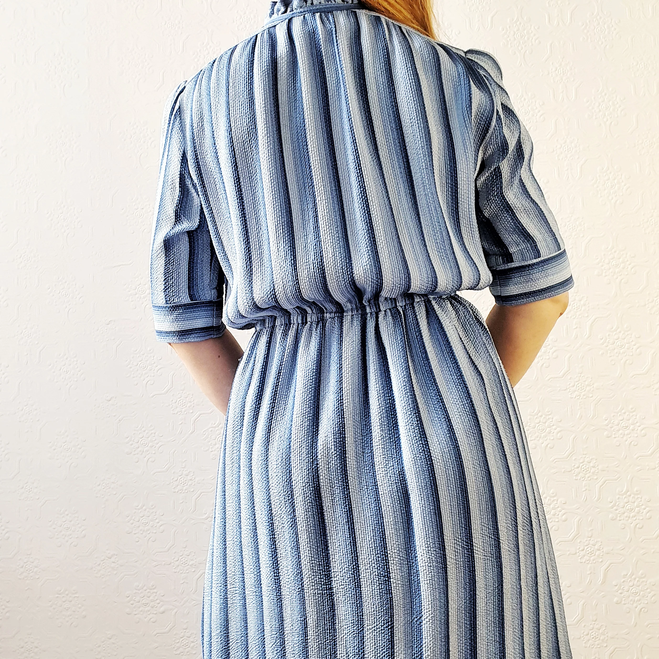 Vintage 100% Silk Blue Striped Dress - M - Image 7