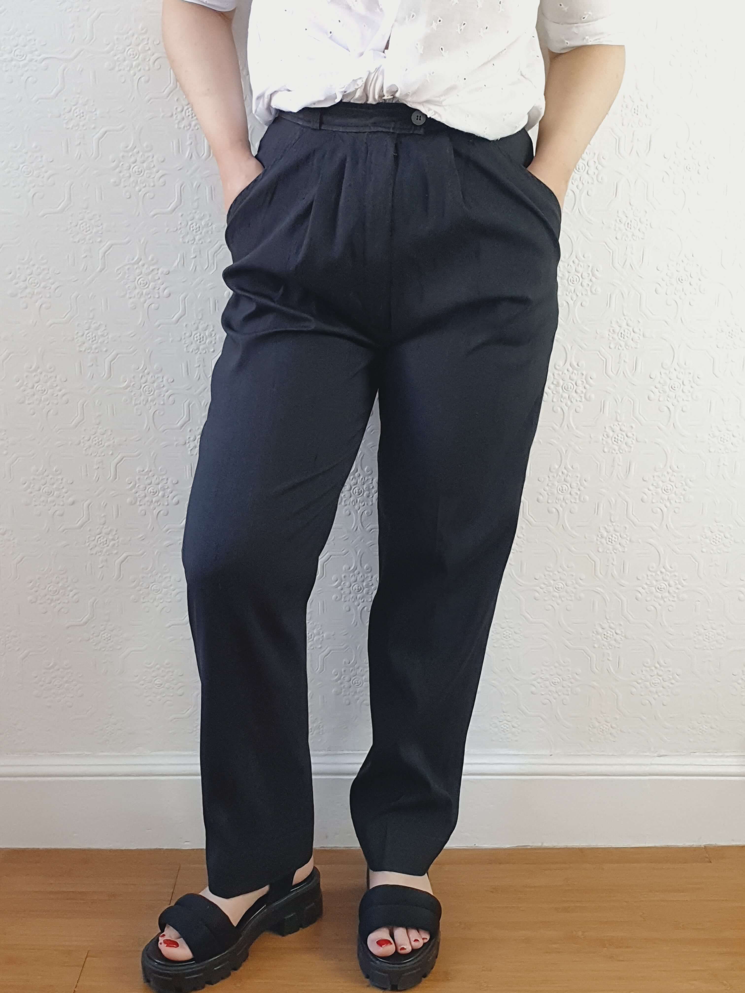 Vintage 100% Silk High Waisted Black Summer Trousers - S - Image 3