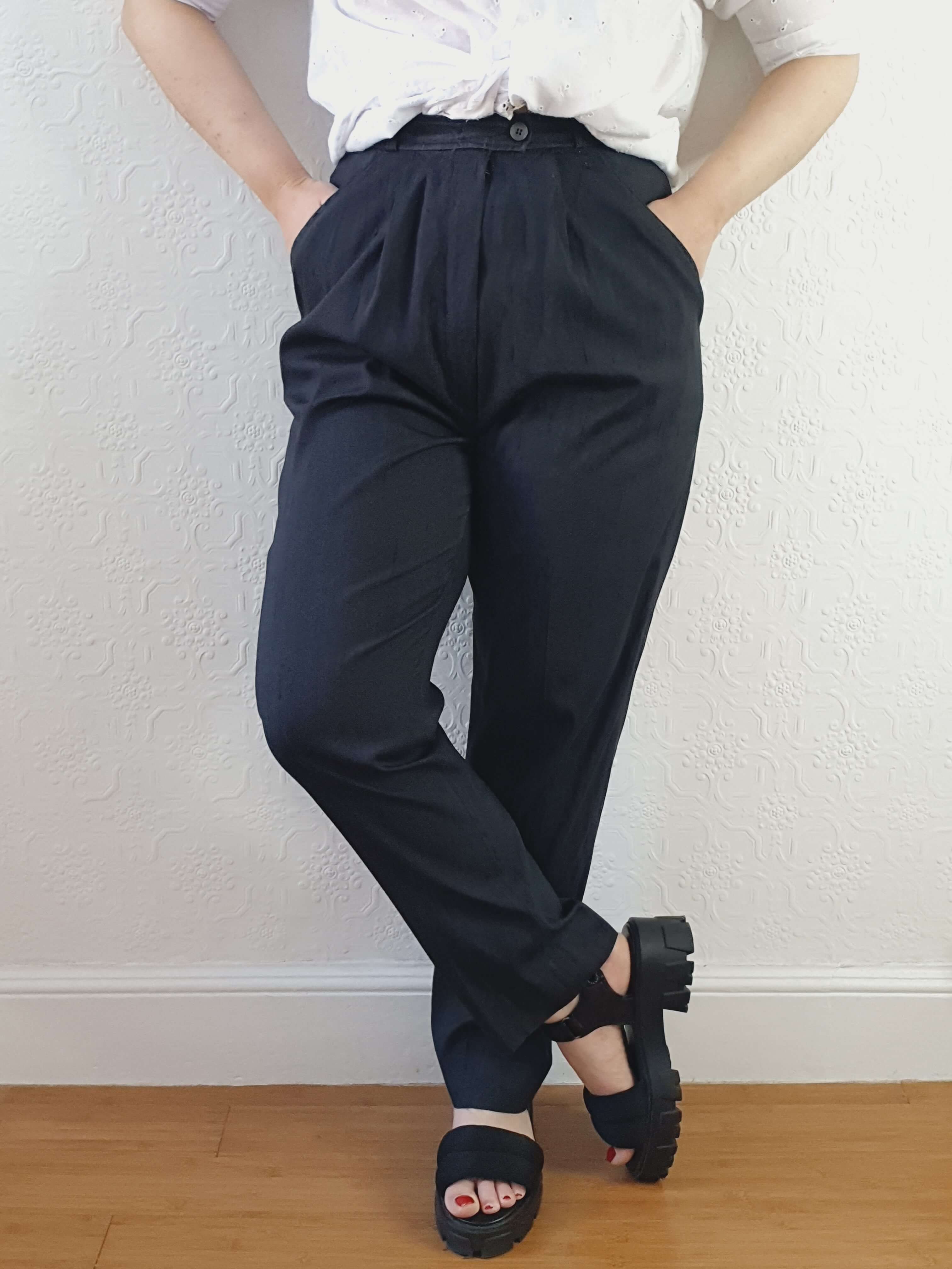 Vintage 100% Silk High Waisted Black Summer Trousers - S - Image 7