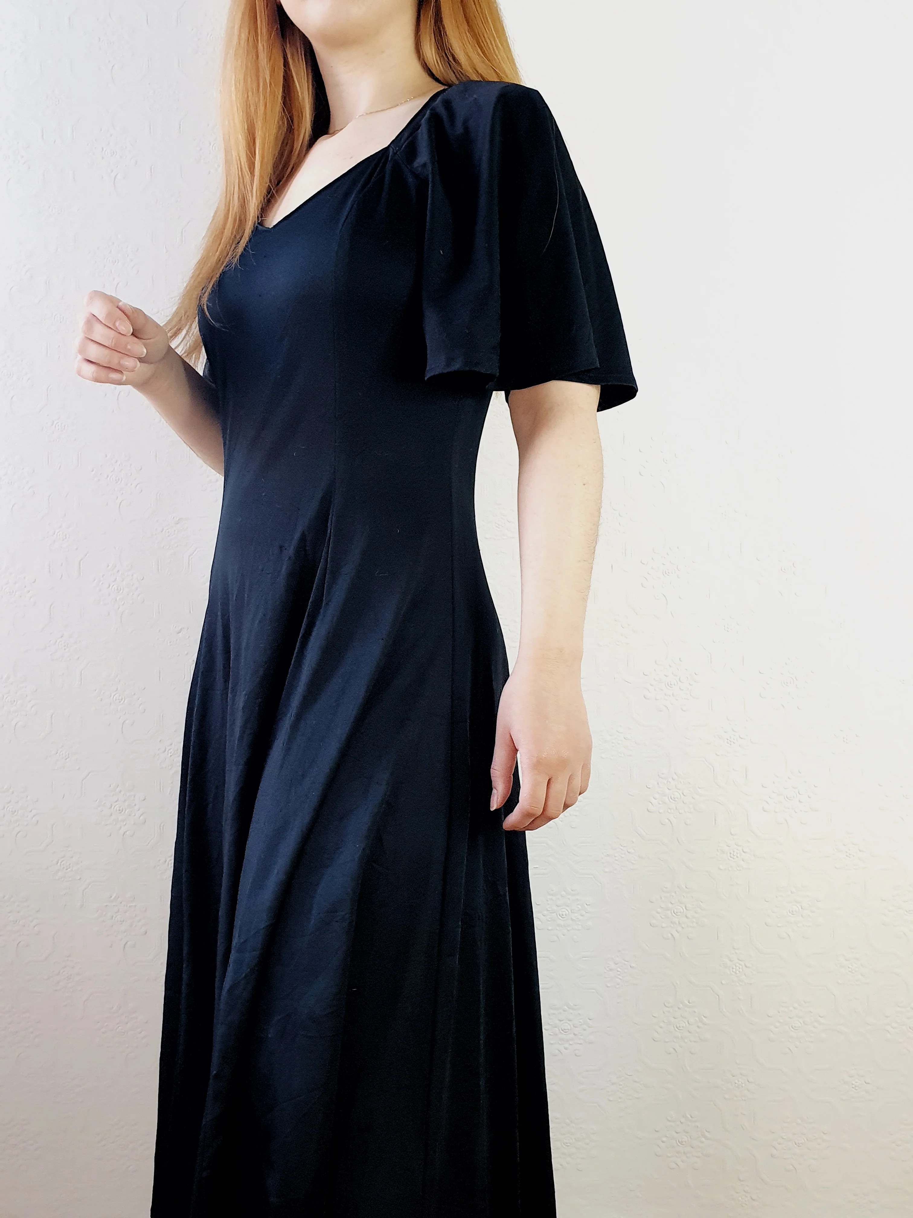 Vintage 70s Angel Sleeve Black Dress - S/M - Image 2