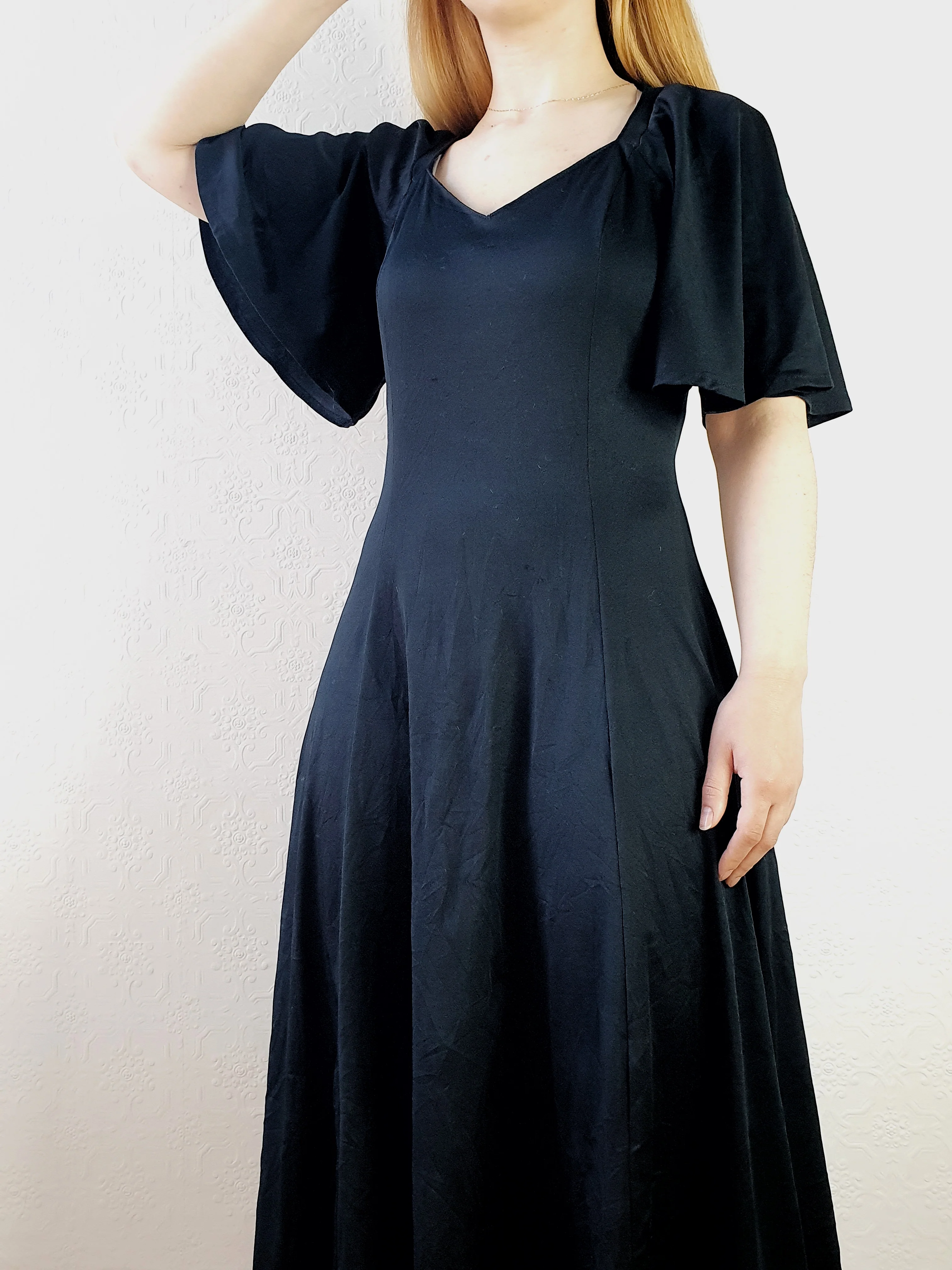 Vintage 70s Angel Sleeve Black Dress - S/M - Image 3