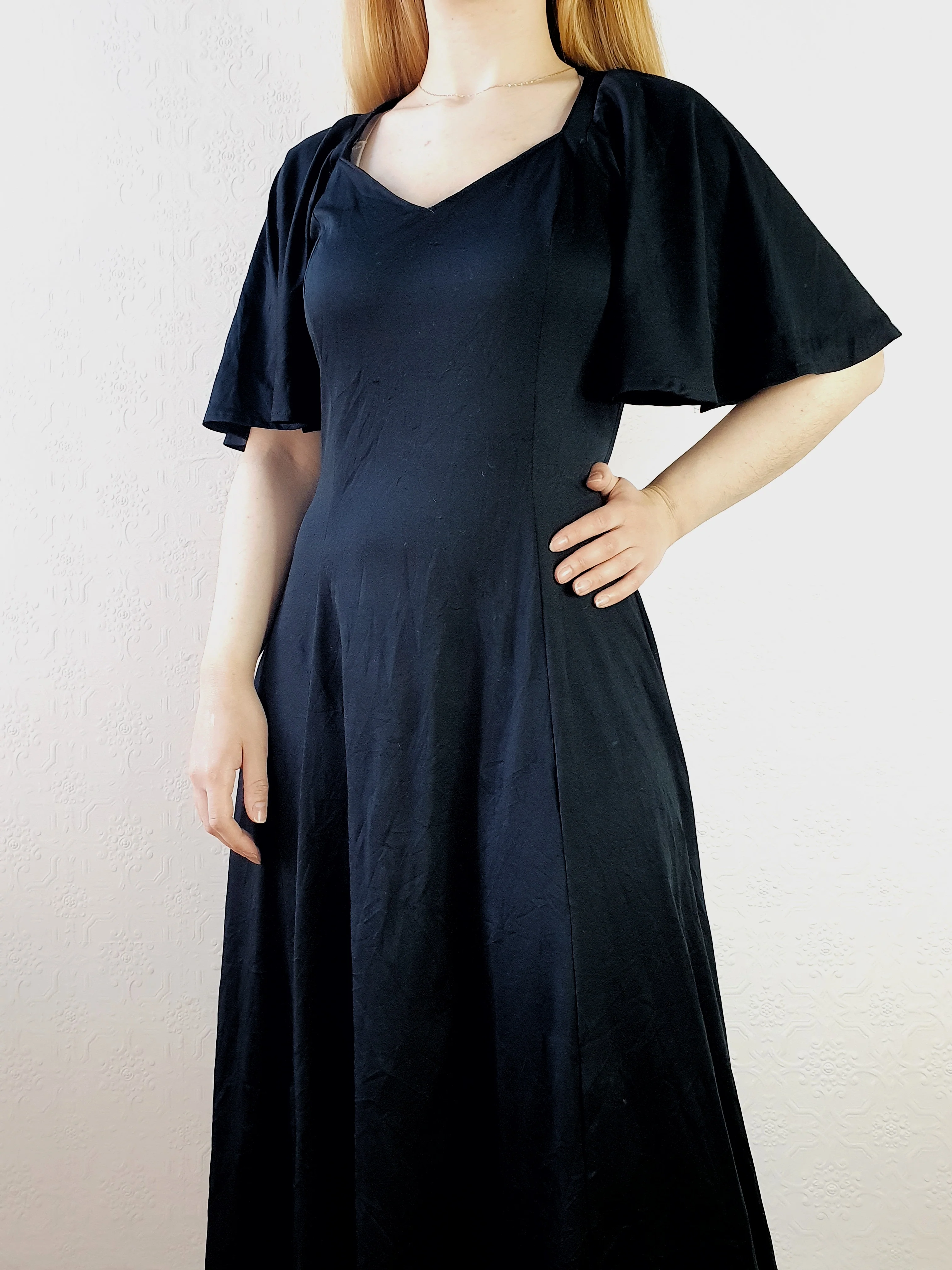Vintage 70s Angel Sleeve Black Dress - S/M - Image 4