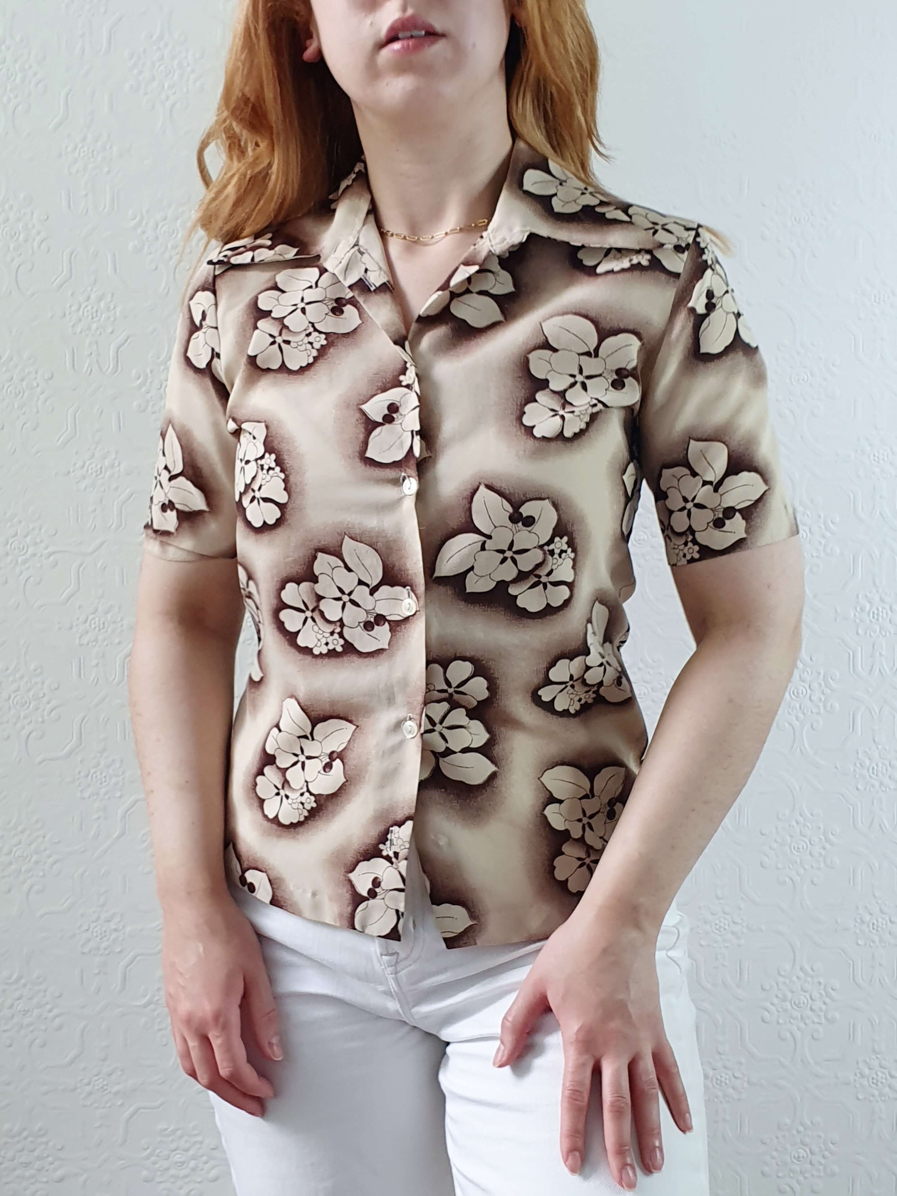 Vintage 70s Beige Floral Short Sleeve Blouse - XS - Image 10