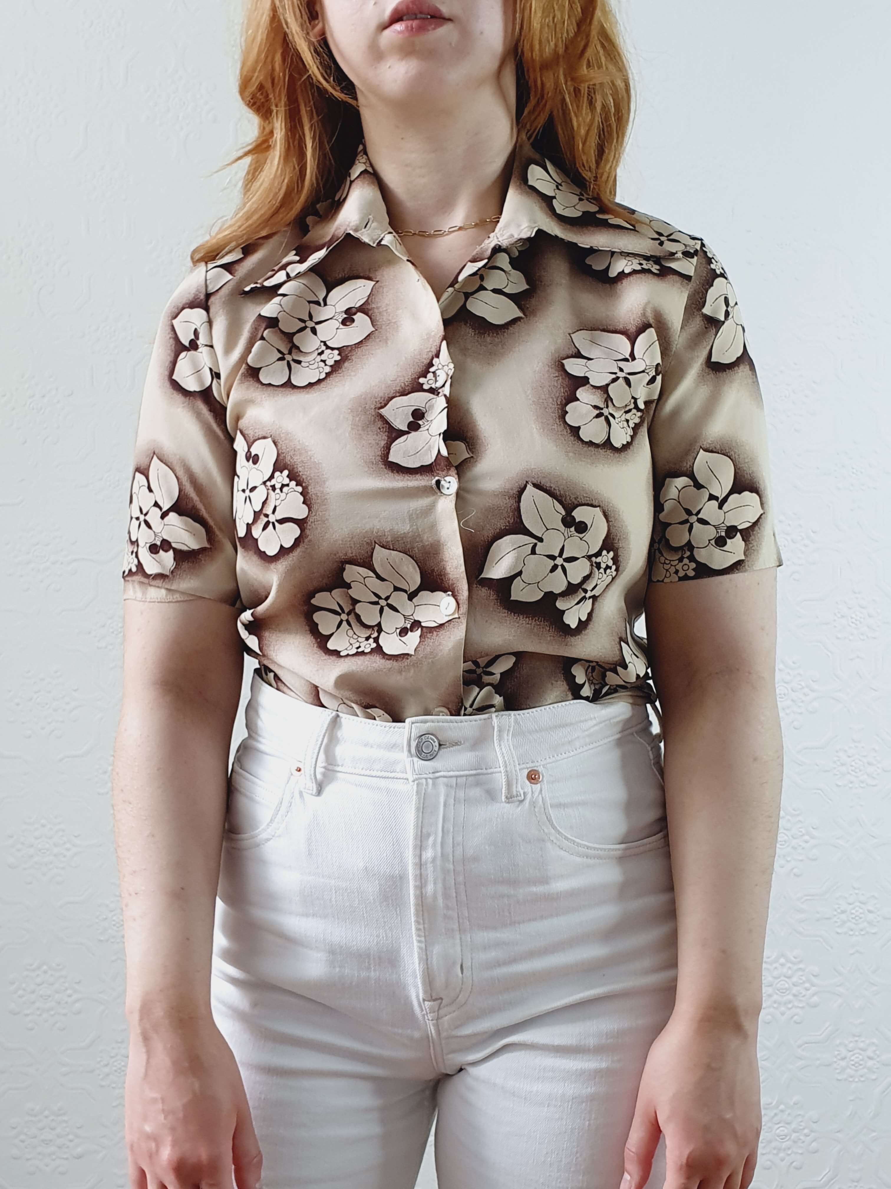 Vintage 70s Beige Floral Short Sleeve Blouse - XS - Image 2