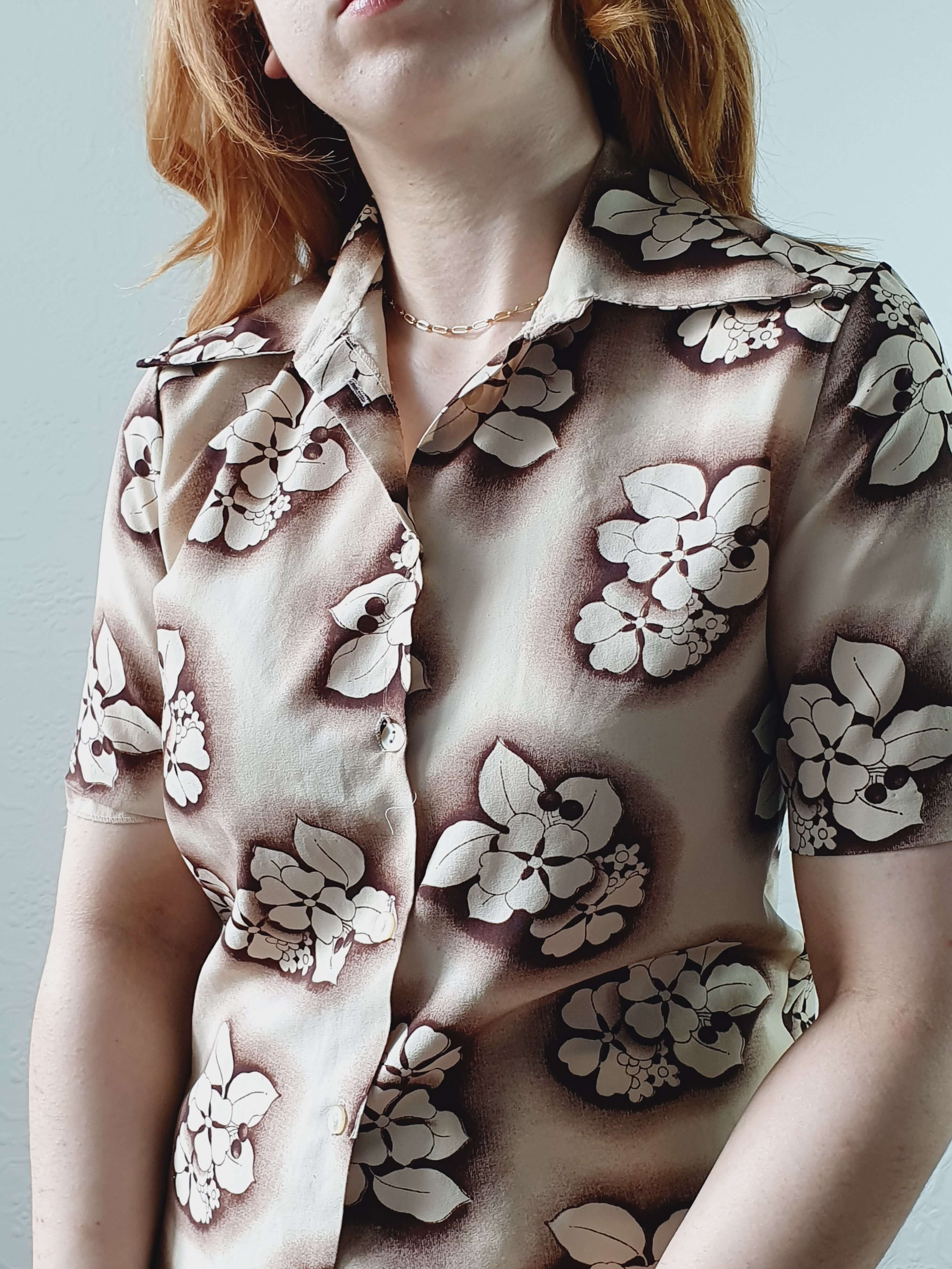 Vintage 70s Beige Floral Short Sleeve Blouse - XS - Image 3