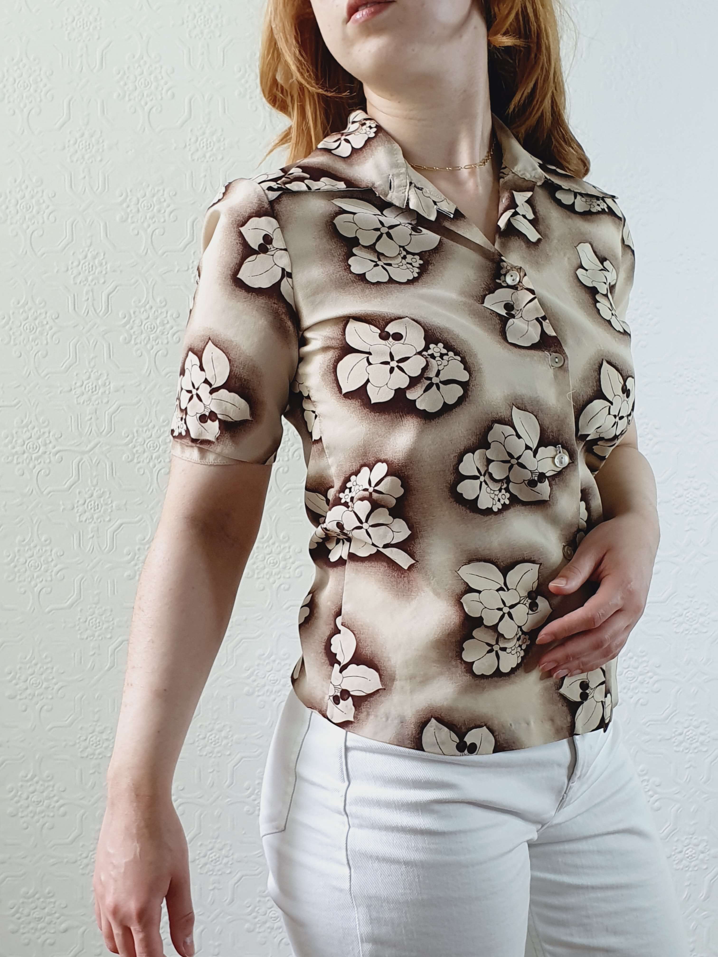 Vintage 70s Beige Floral Short Sleeve Blouse - XS - Image 5