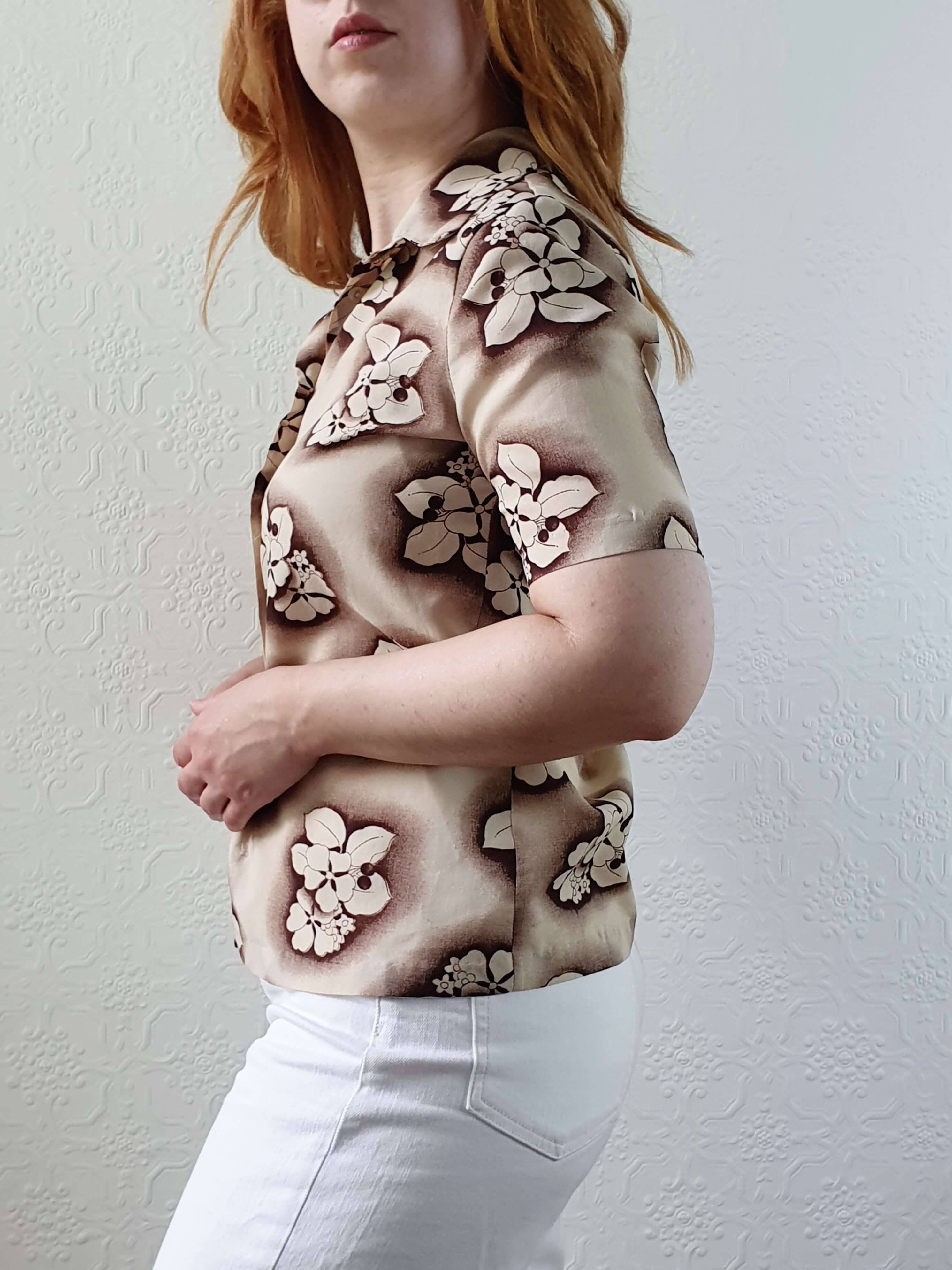 Vintage 70s Beige Floral Short Sleeve Blouse - XS - Image 7