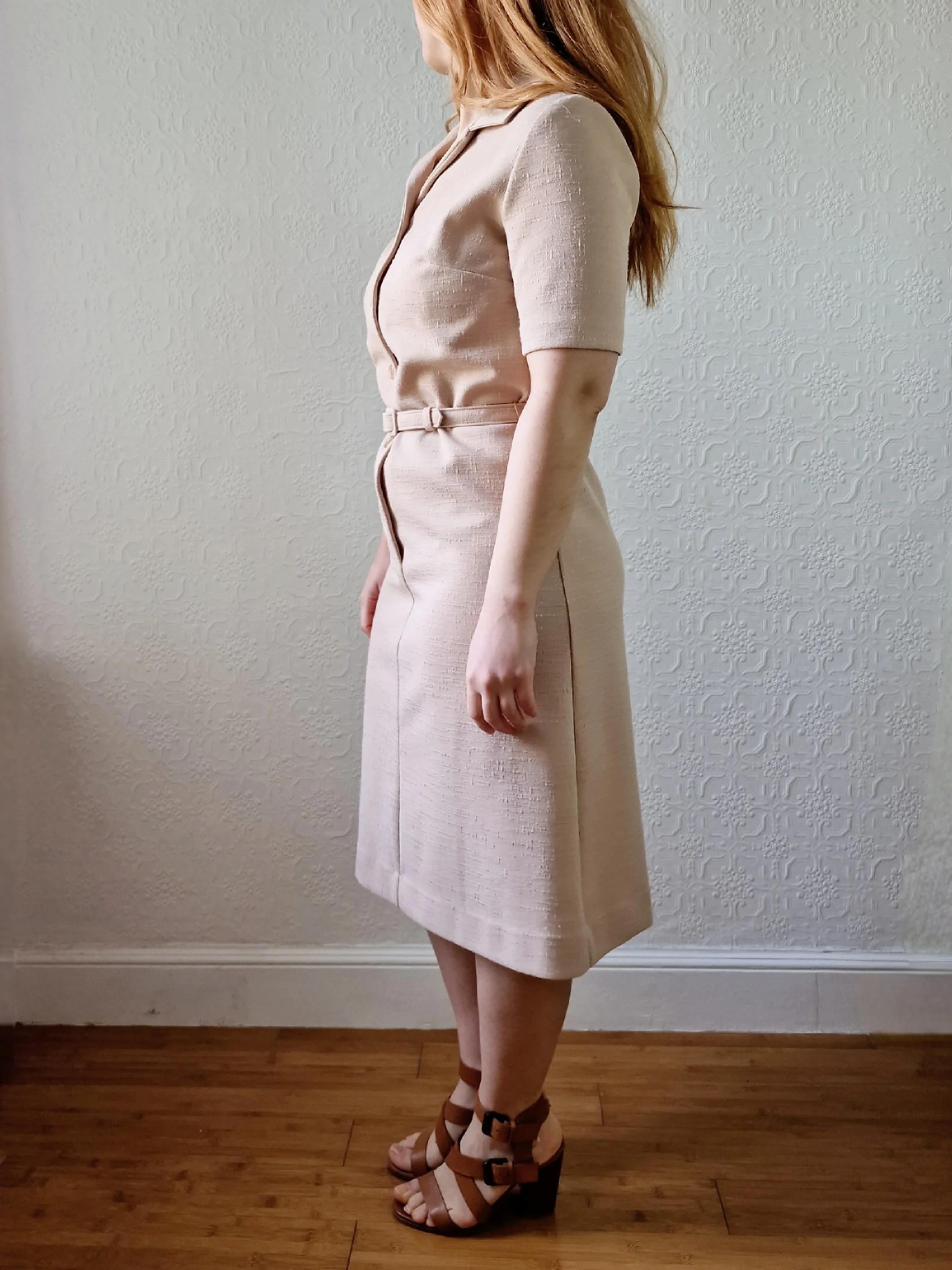 Vintage 70s Beige Short Sleeve Shirt Dress with Matching Belt - S - Image 3