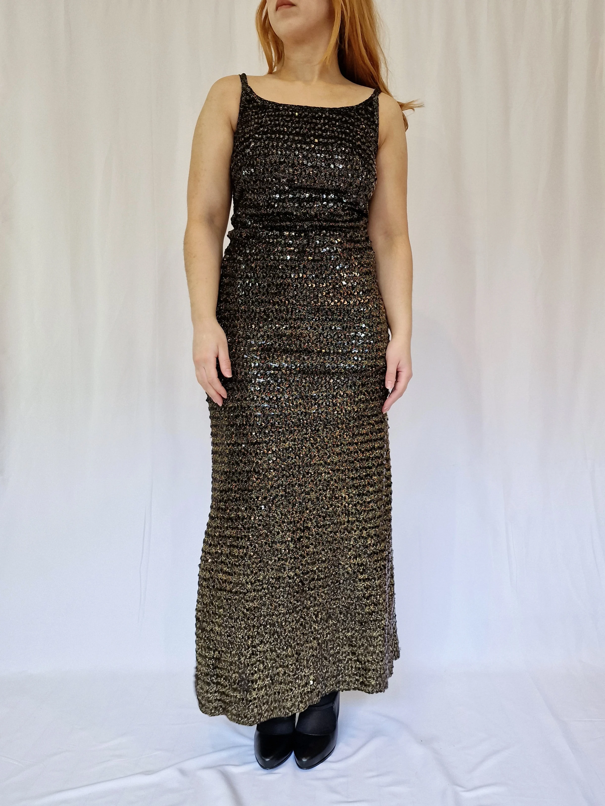 Vintage 70s Black and Gold Sleeveless Maxi Dress - XS/S - Image 4
