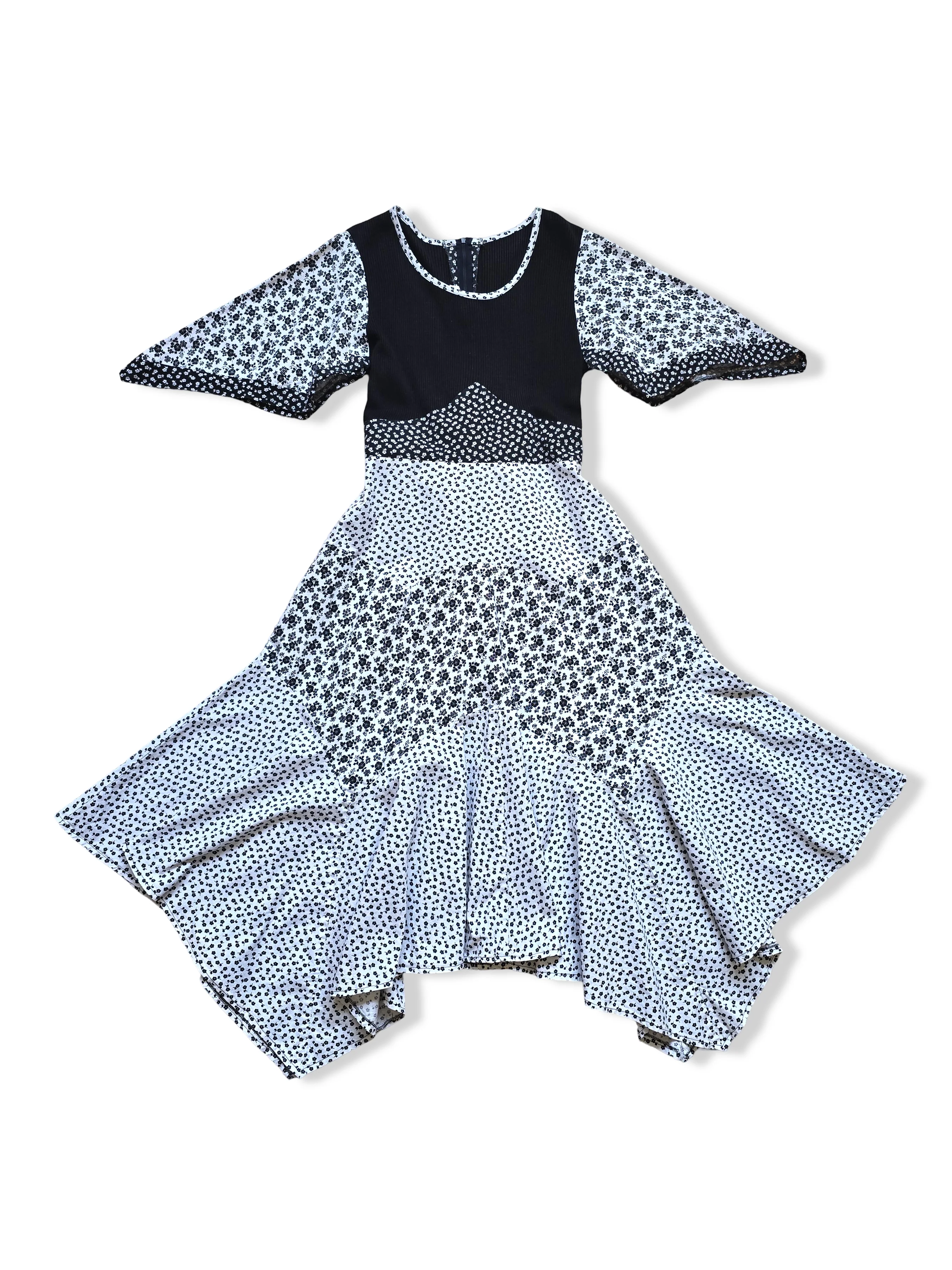 Vintage 70s Black and White Floral Print Handkerchief Hem Prairie Midi Dress - M/L - Image 4