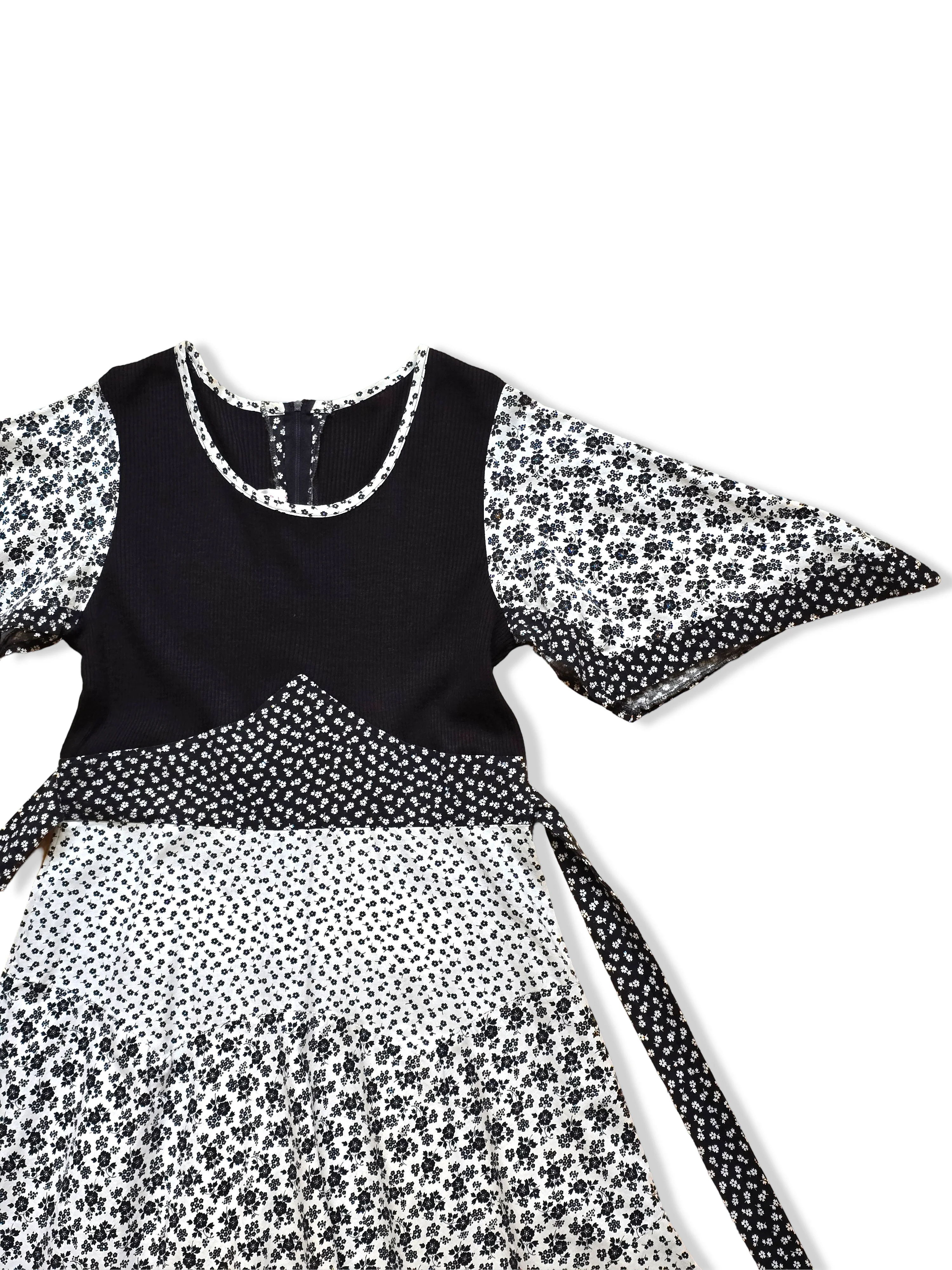 Vintage 70s Black and White Floral Print Handkerchief Hem Prairie Midi Dress - M/L - Image 6