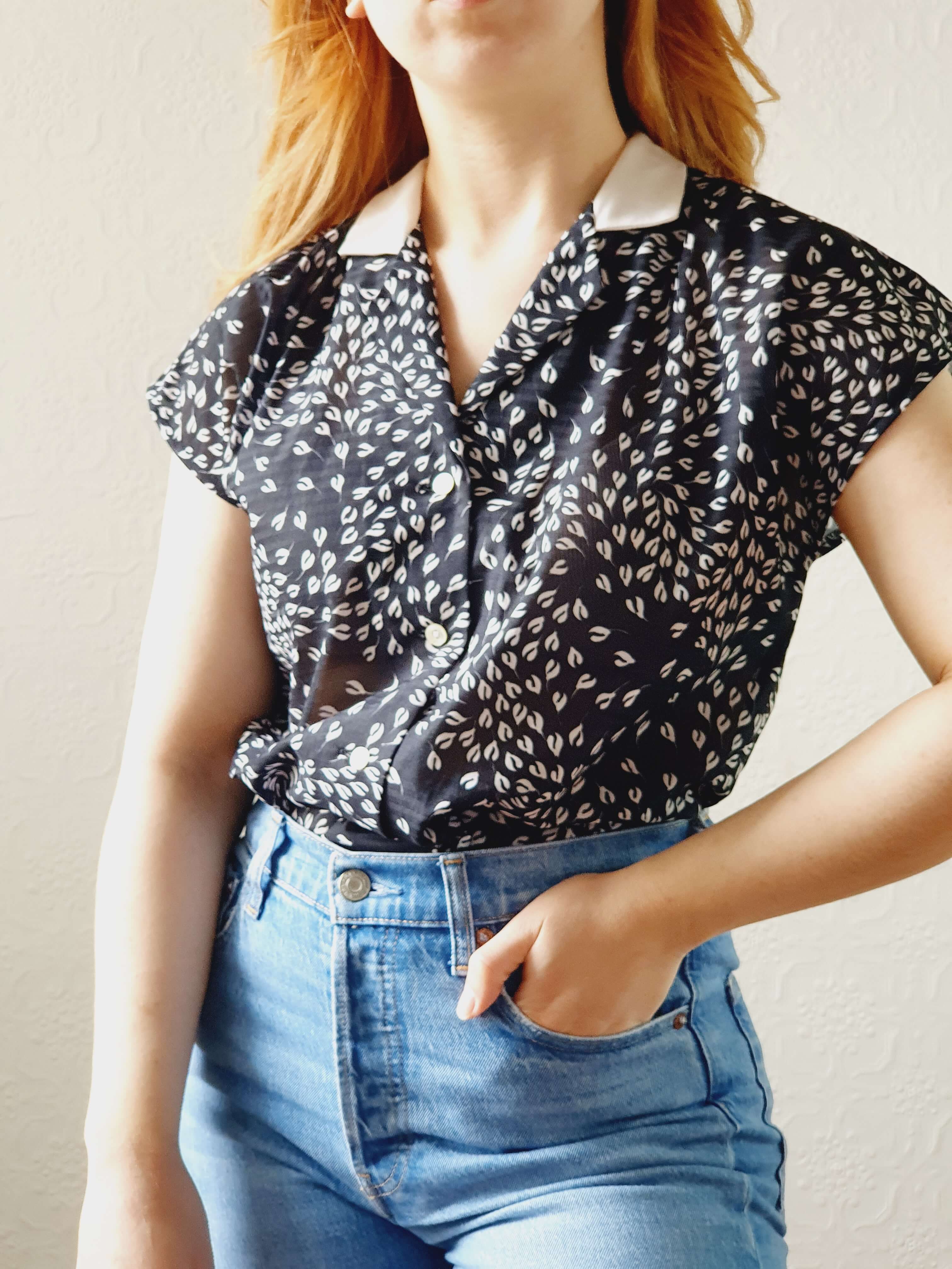 Vintage 70s Black Cap Sleeve Top - M