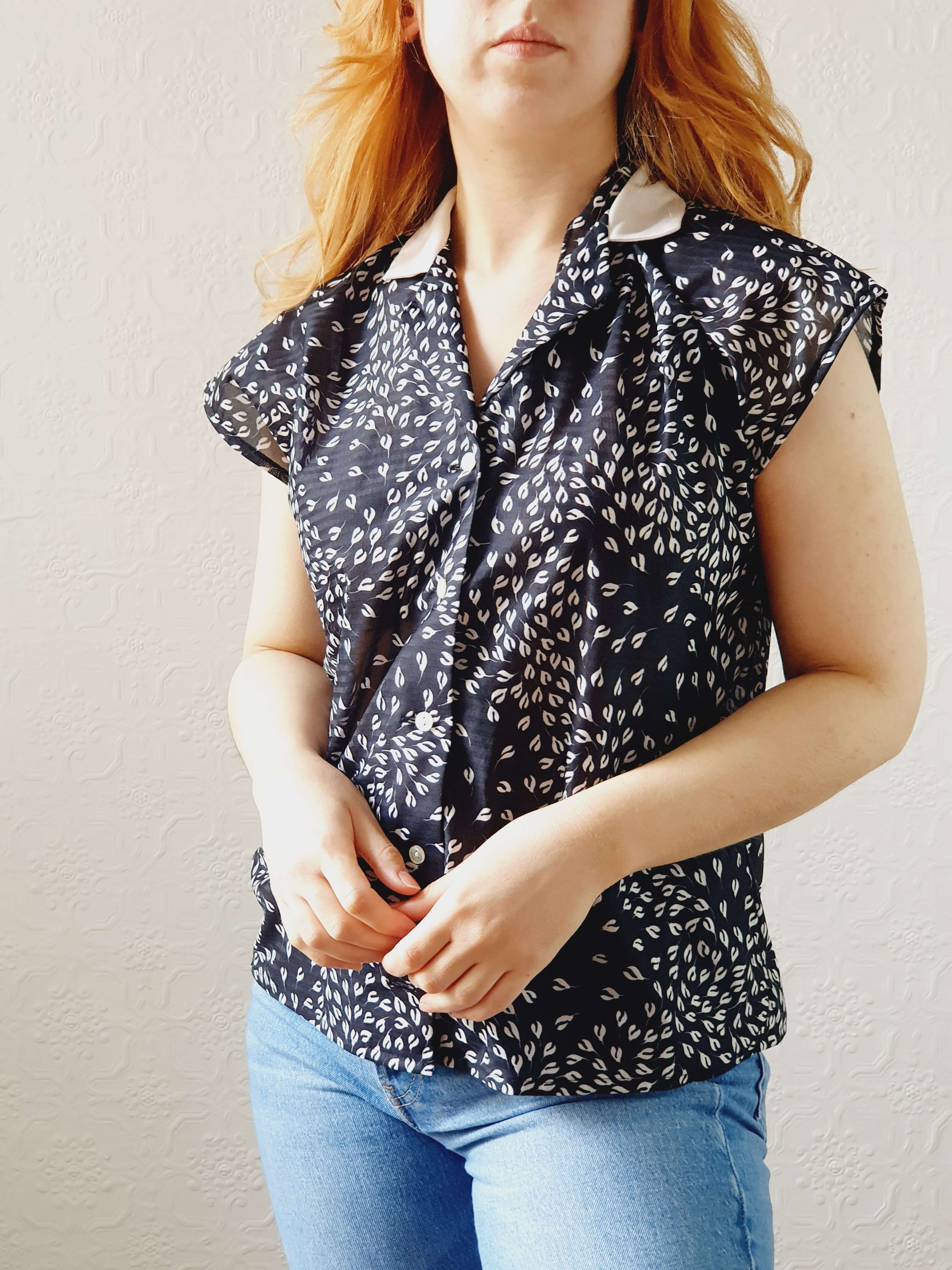 Vintage 70s Black Cap Sleeve Top - M - Image 2