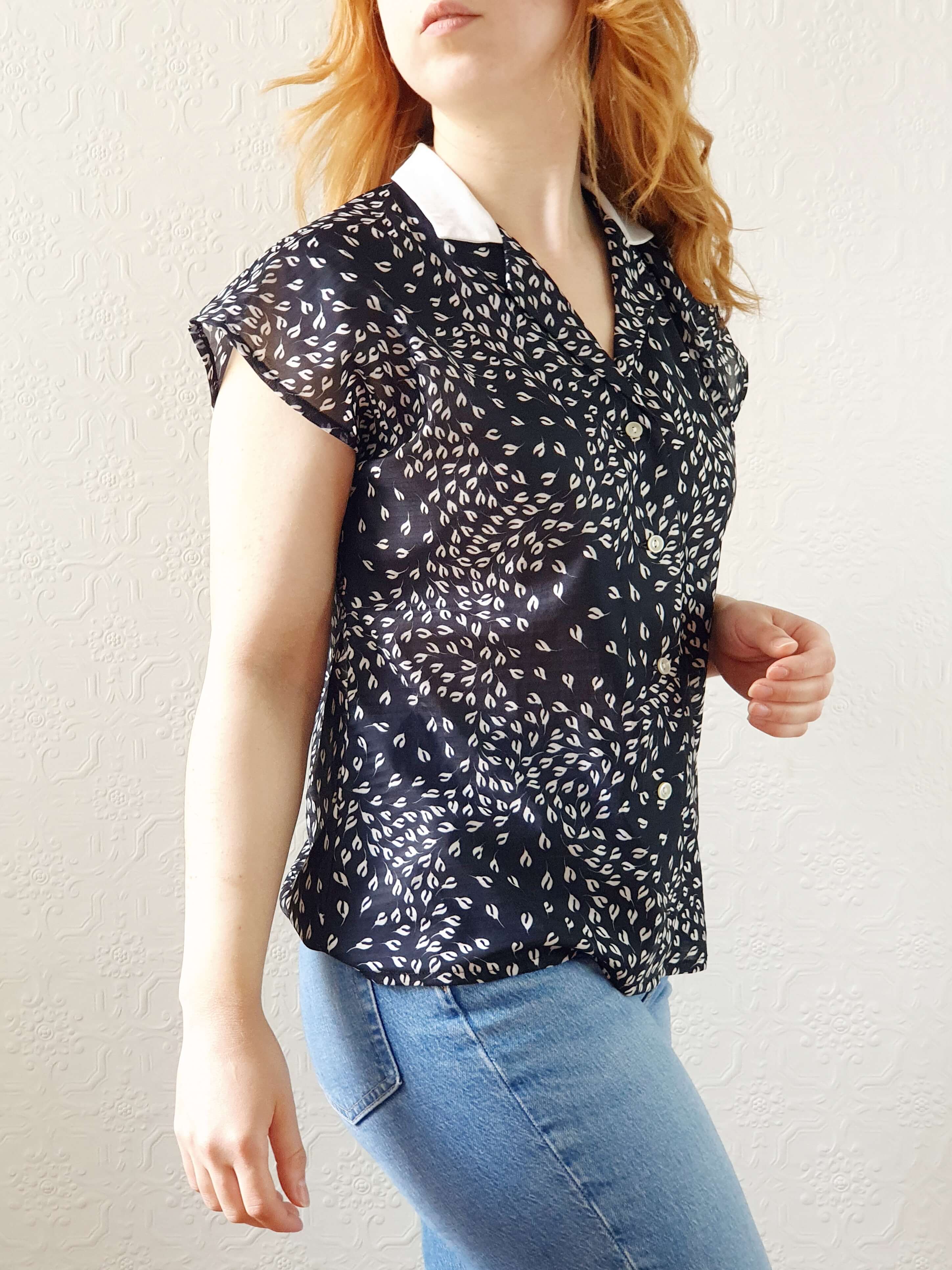 Vintage 70s Black Cap Sleeve Top - M - Image 7