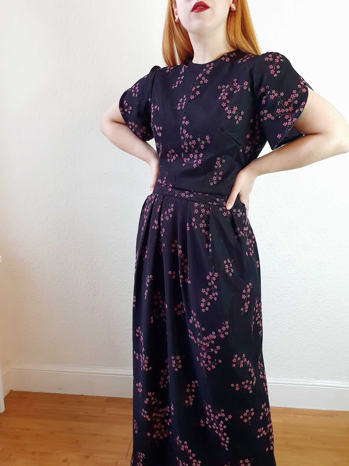 Vintage 70s Black Floral Maxi Dress - M