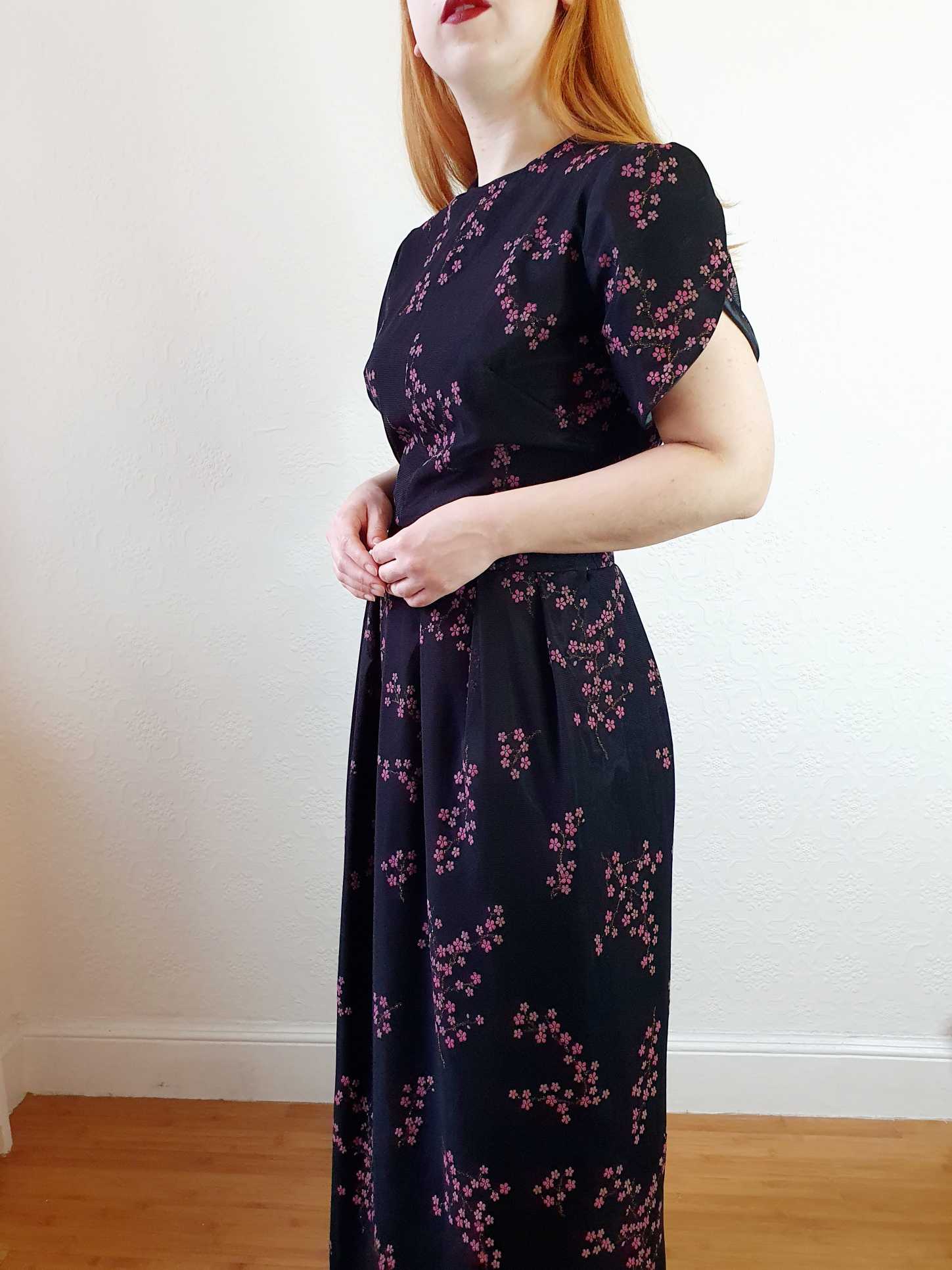 Vintage 70s Black Floral Maxi Dress - M - Image 2