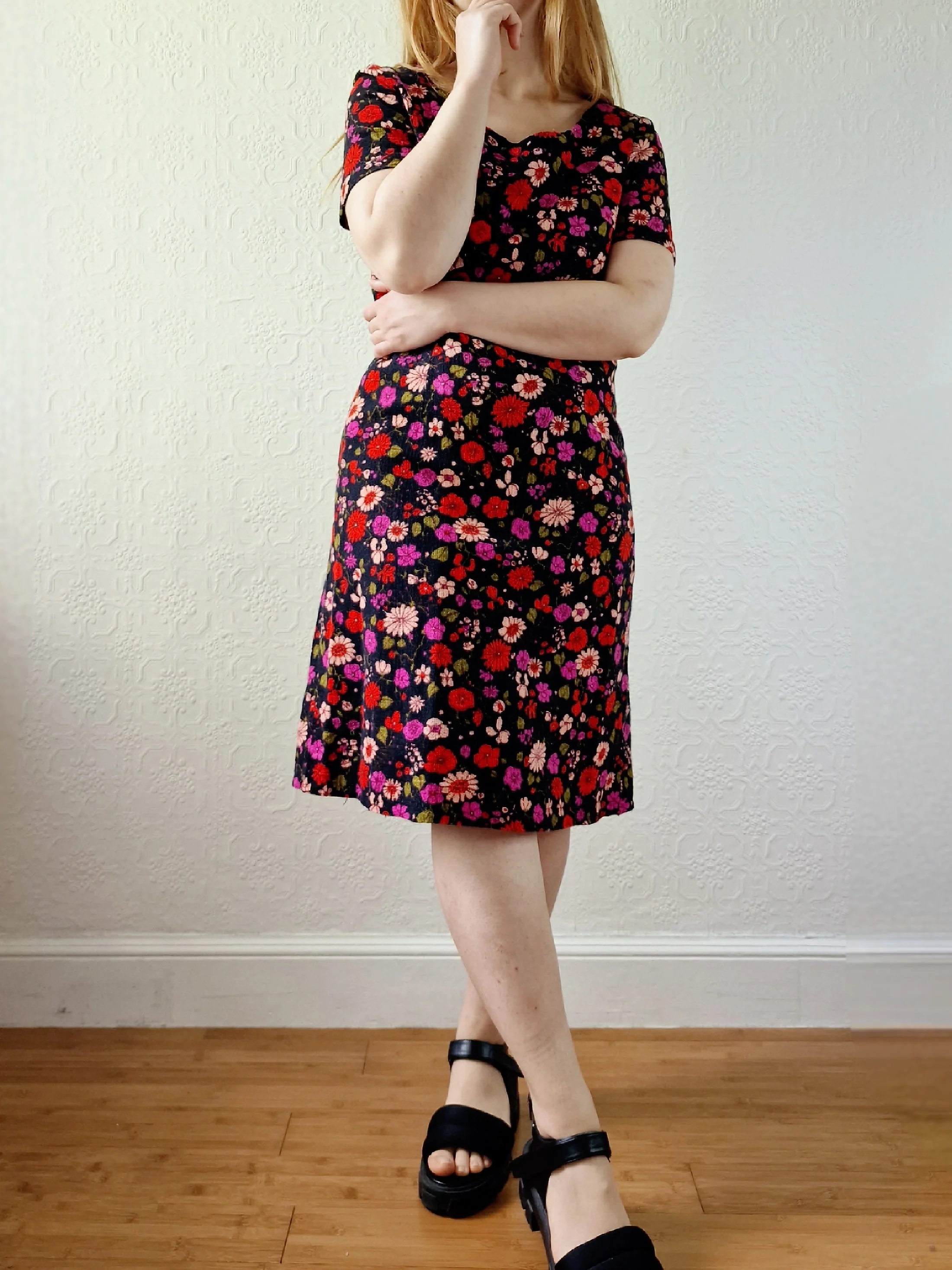 Vintage 70s Handmade Black Floral Short Sleeve Dress - S