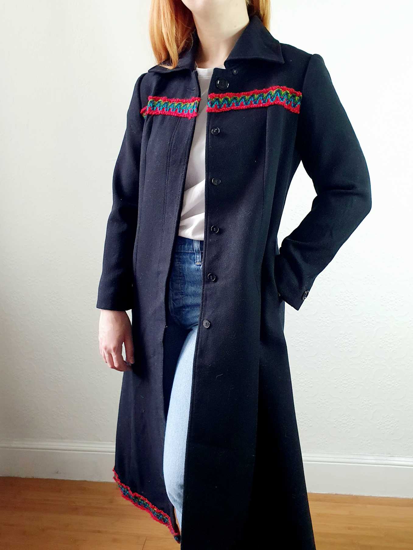 Vintage 70s Black Wool Coat with Embroidery Detail - XS - Image 11