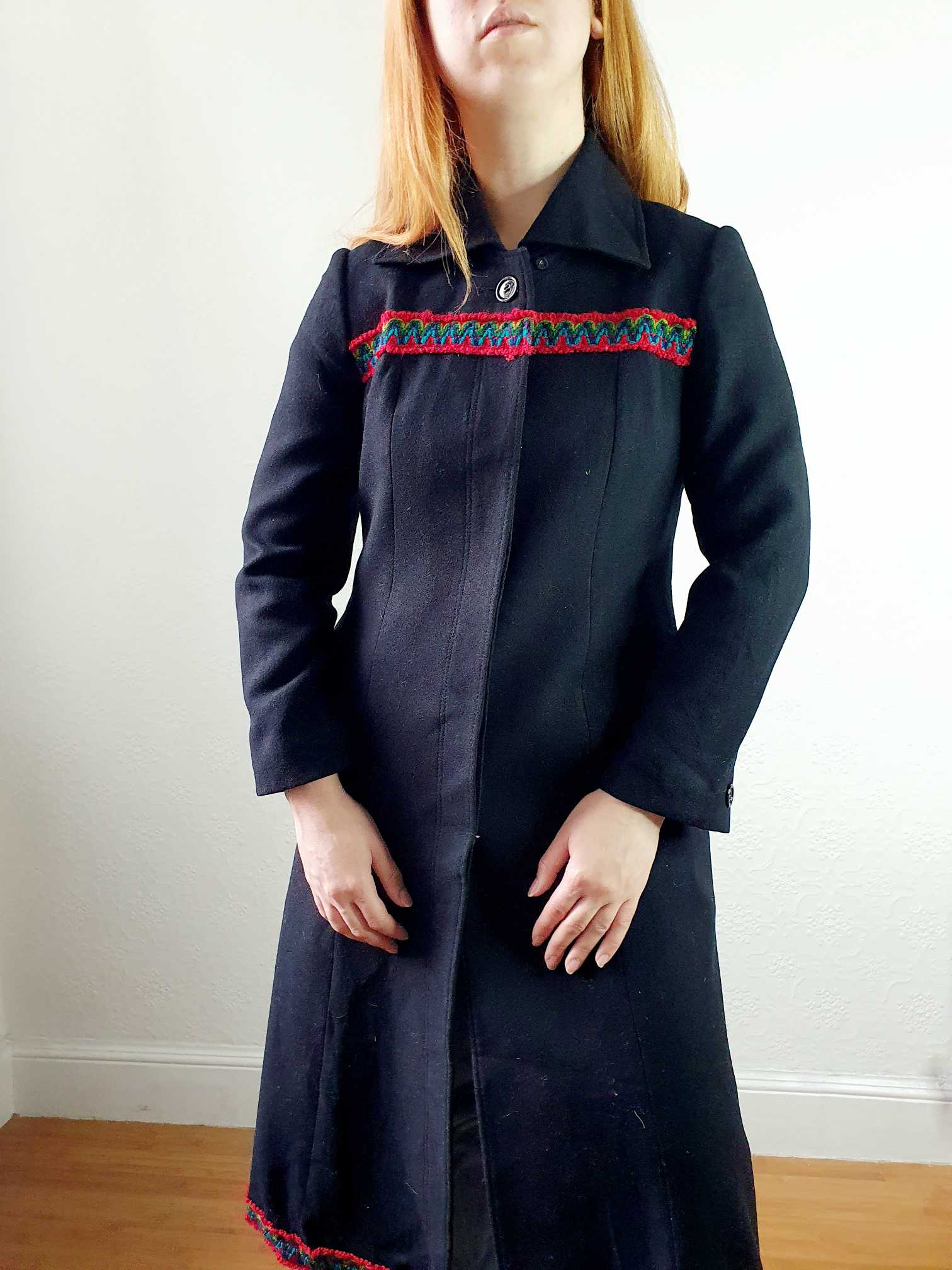 Vintage 70s Black Wool Coat with Embroidery Detail - XS - Image 13