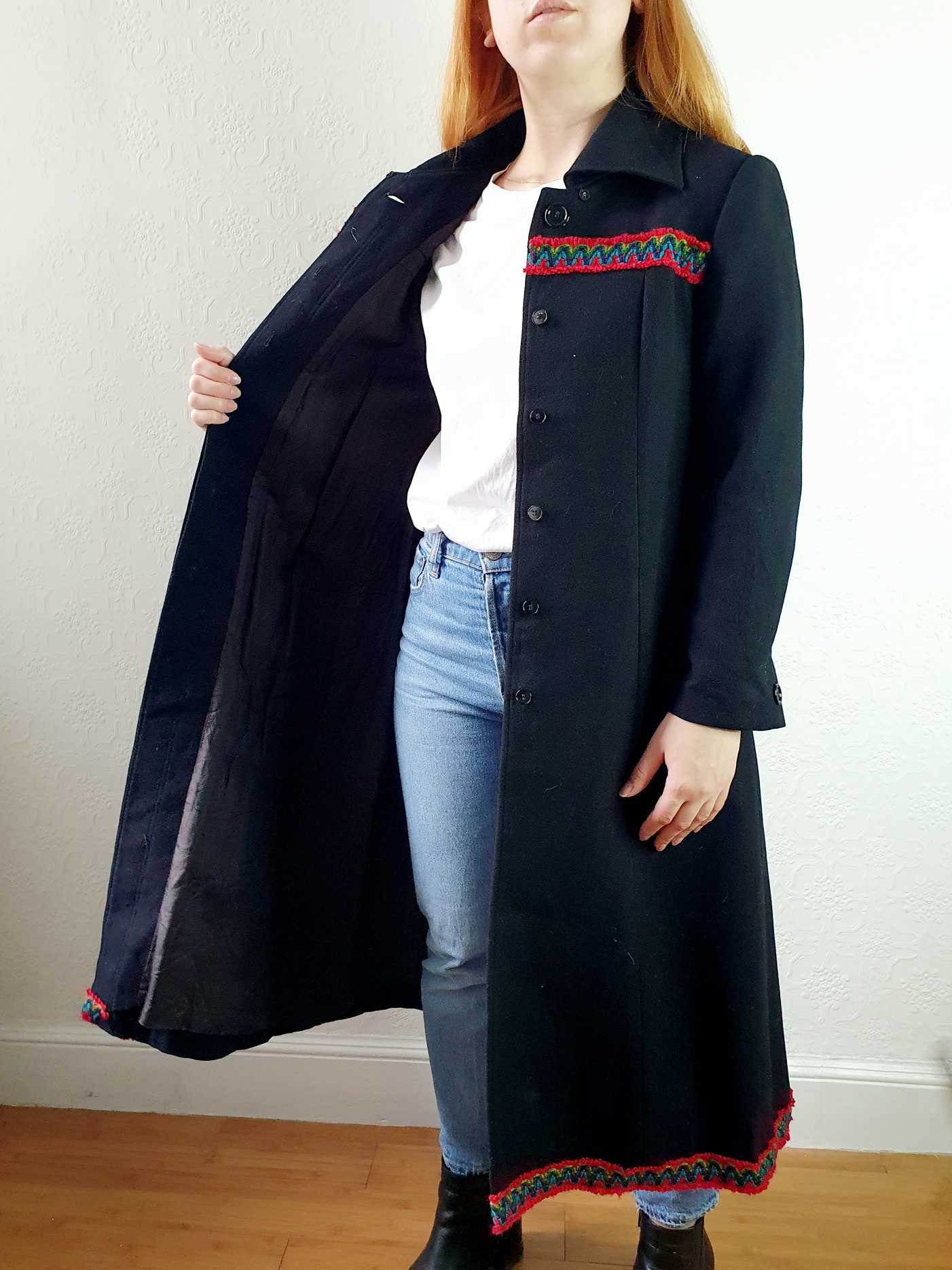 Vintage 70s Black Wool Coat with Embroidery Detail - XS - Image 14